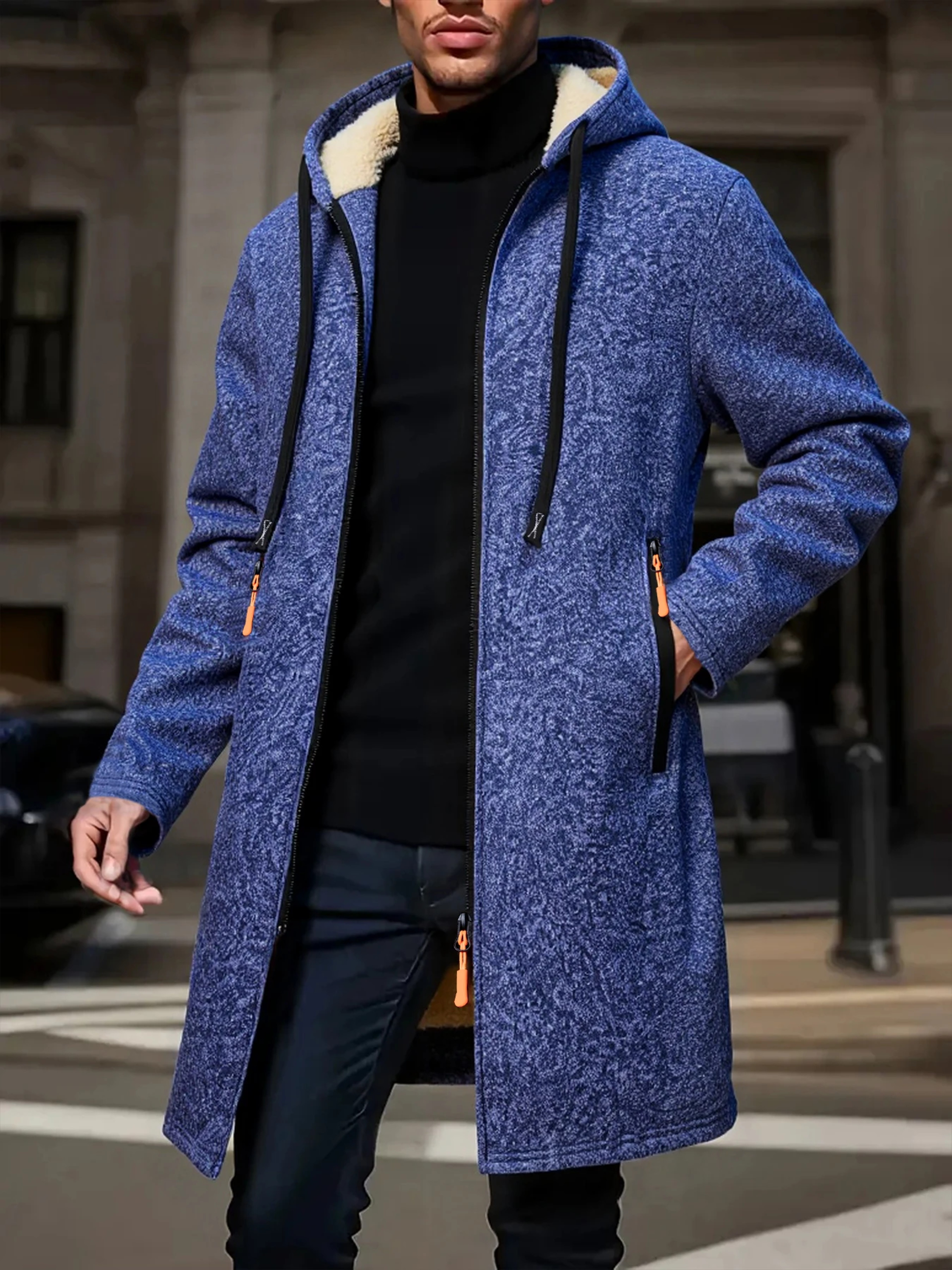 Outdoor Warm Zipper Jacket Winter Men Thickened Hoodies Solid Color Long Sleeve Cardigan Overcoat 4