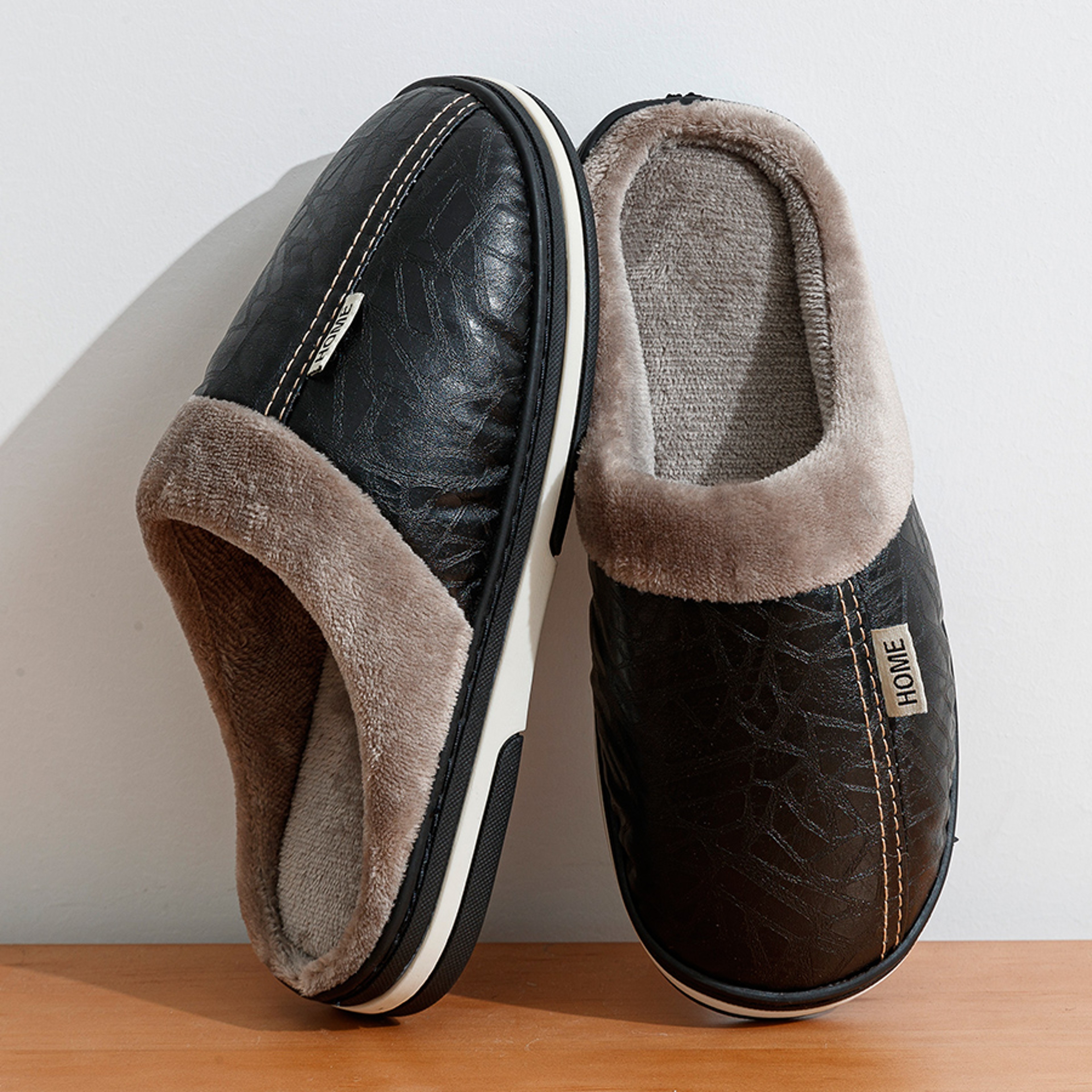 Indoor Waterproof Fur Flat Men's Winter Slipper, PU Leather Big Sizes Home Houseshoes – view 6