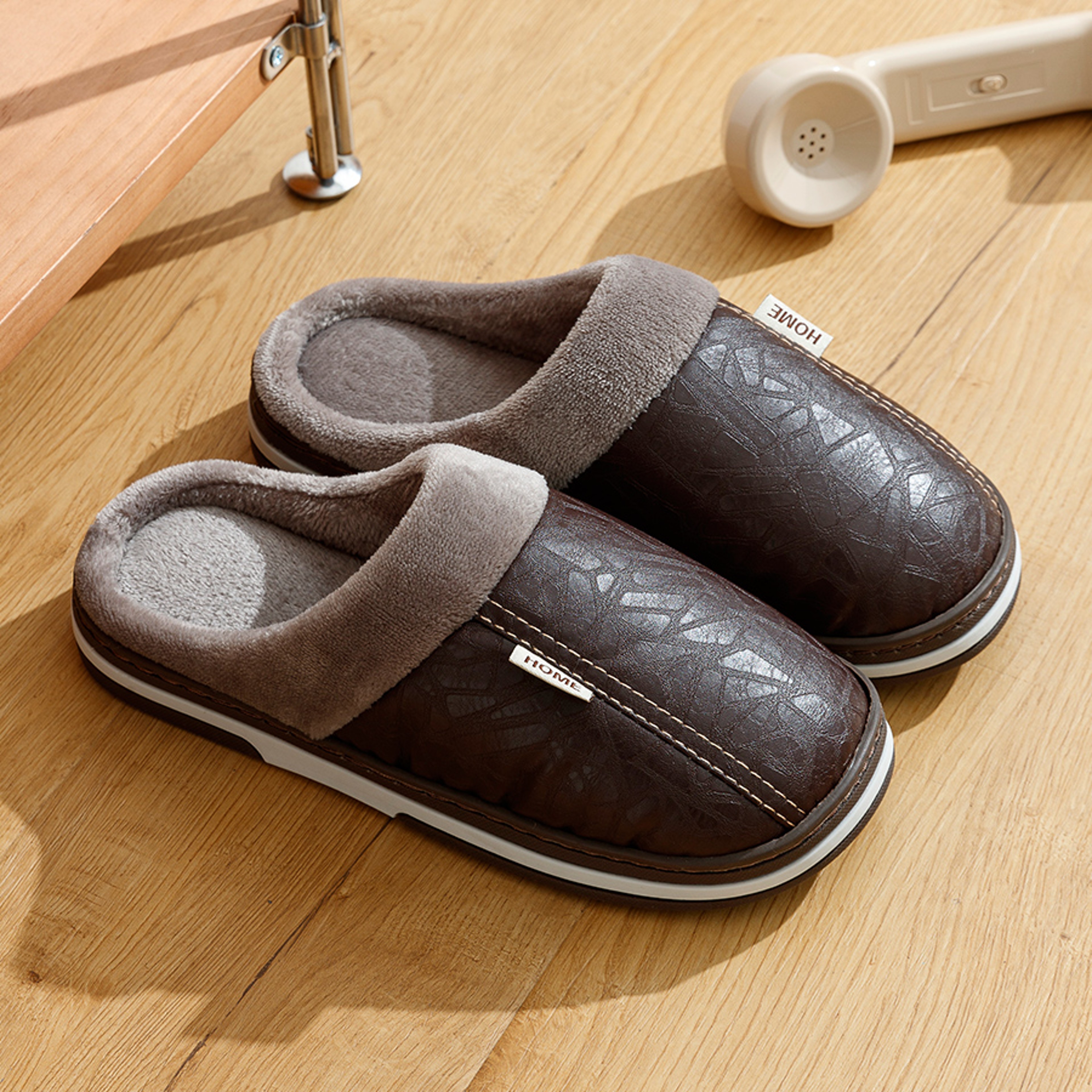 Indoor Waterproof Fur Flat Men's Winter Slipper, PU Leather Big Sizes Home Houseshoes – view 8