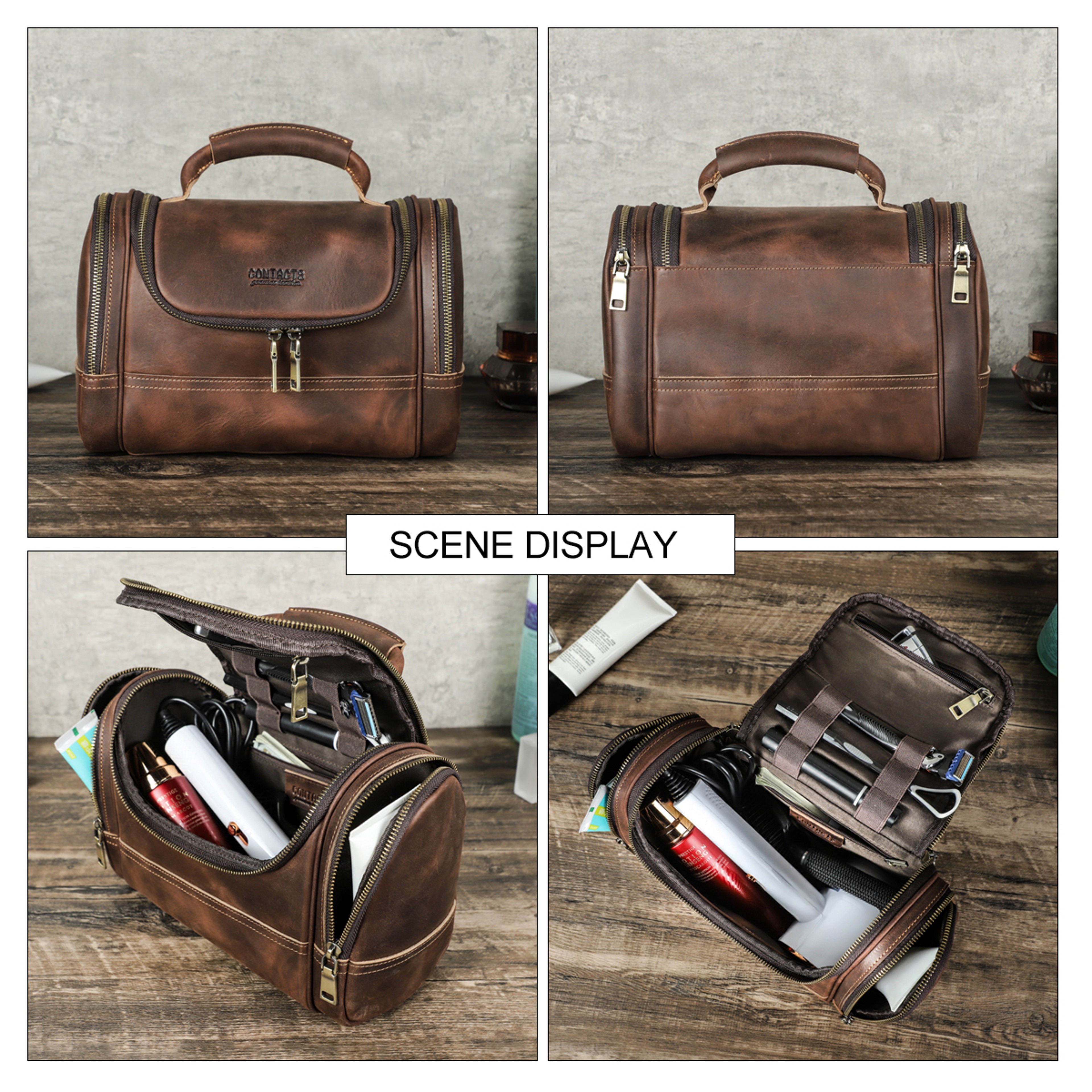 Crazy Horse Leather Business Travel Wash Toiletry Bag Mens Storage Cosmetics Handbag 1
