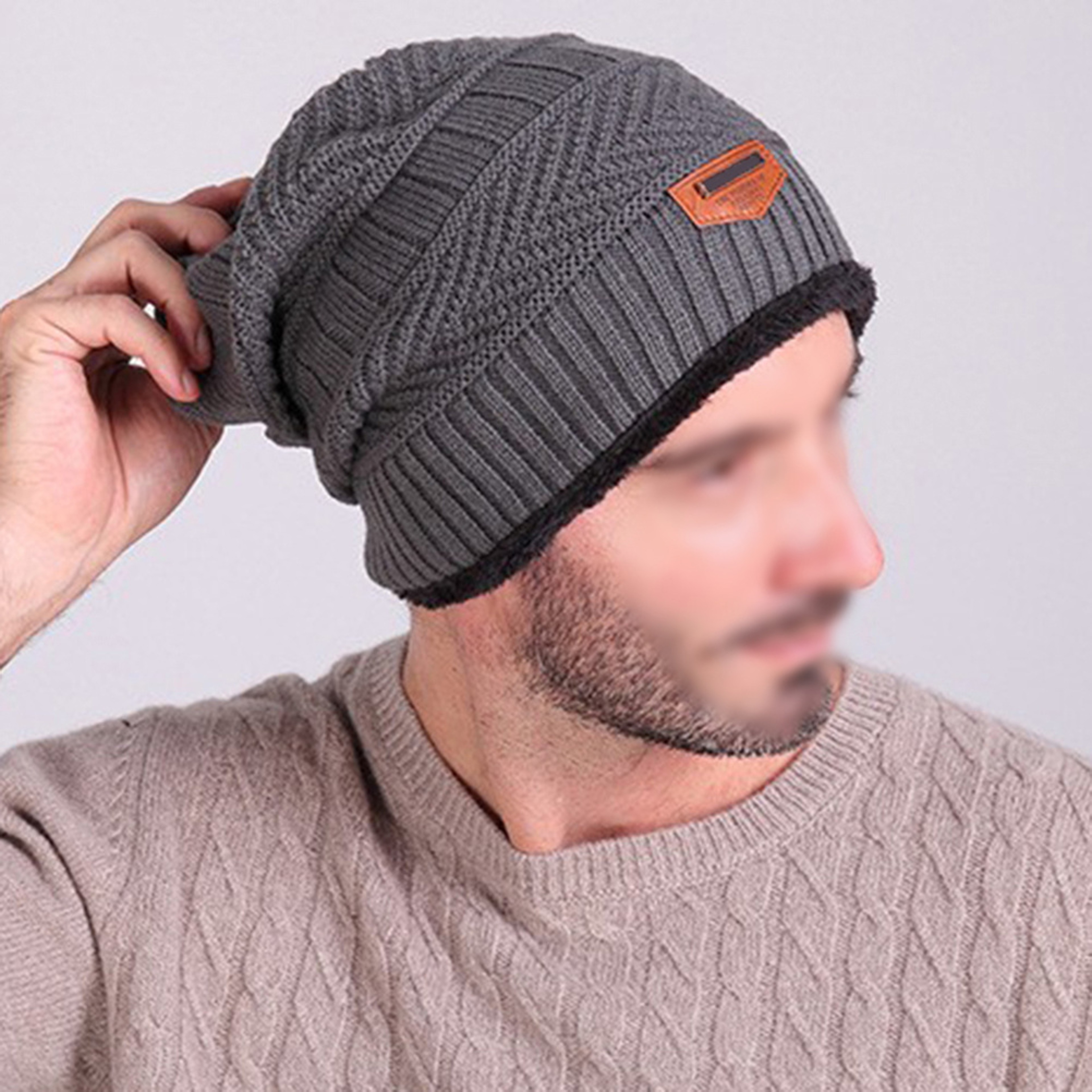 Thick Lined Knit Beanie Winter Outdoor Cap Warm Ear Protection Hat For Men Dark Gray Cycling Hat 3