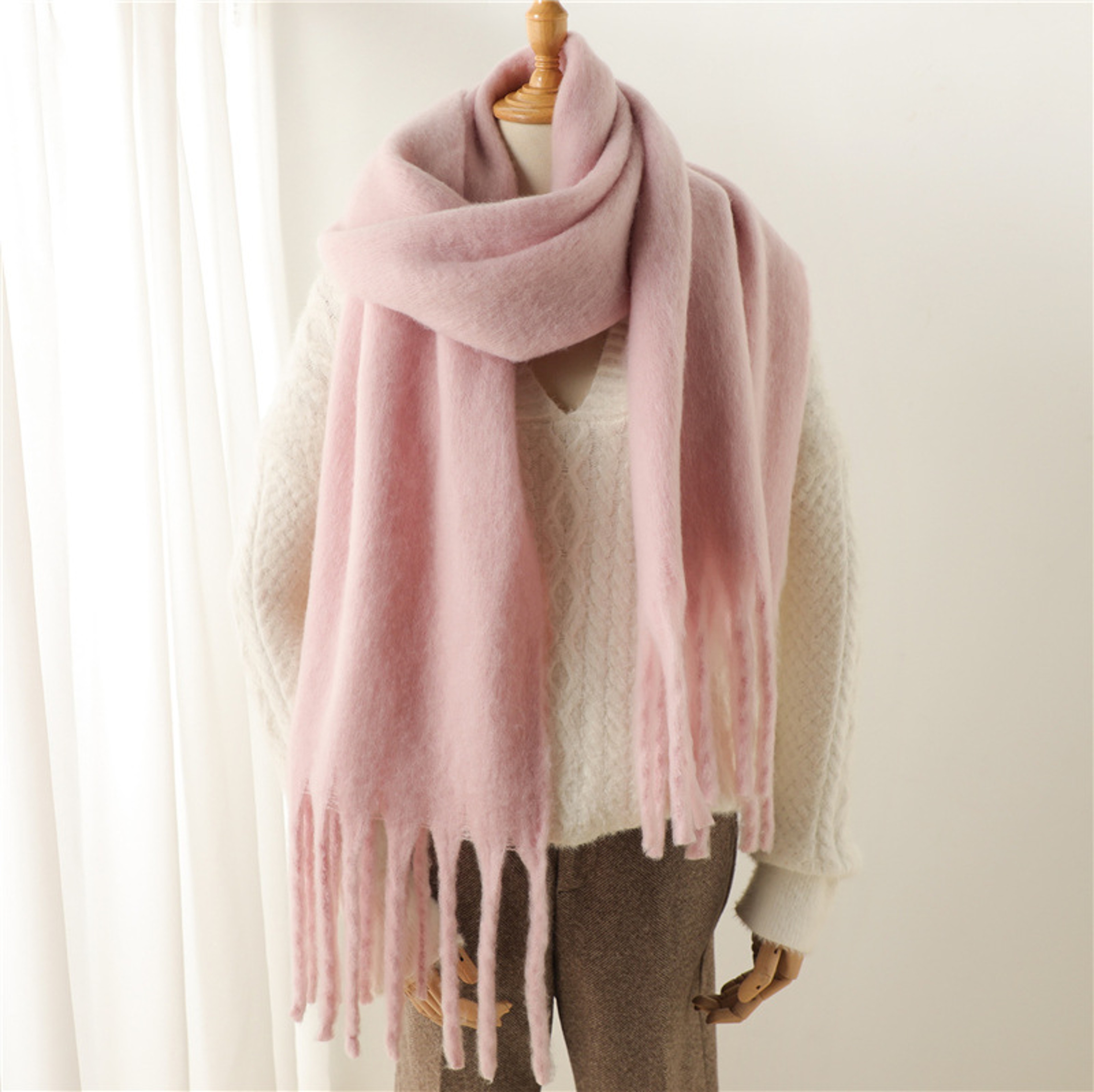Warm Solid Pashmina Blanket Wraps For Women Cashmere Scarf With Big Tassel 14