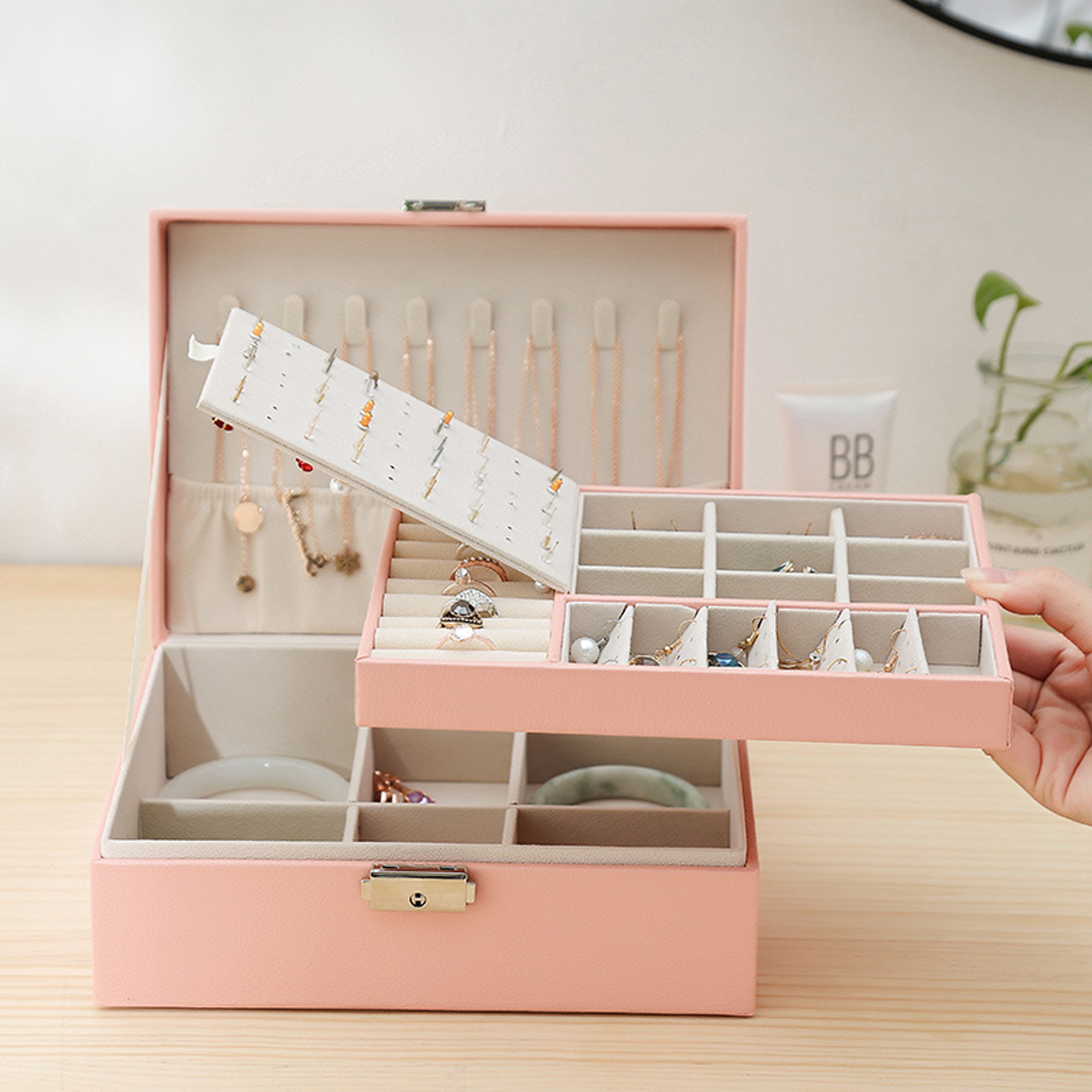 Jewelry Storage Organizer Doublelayer Wooden Jewelry Box With PU Leather Ring Box Jewelry Packaging 2