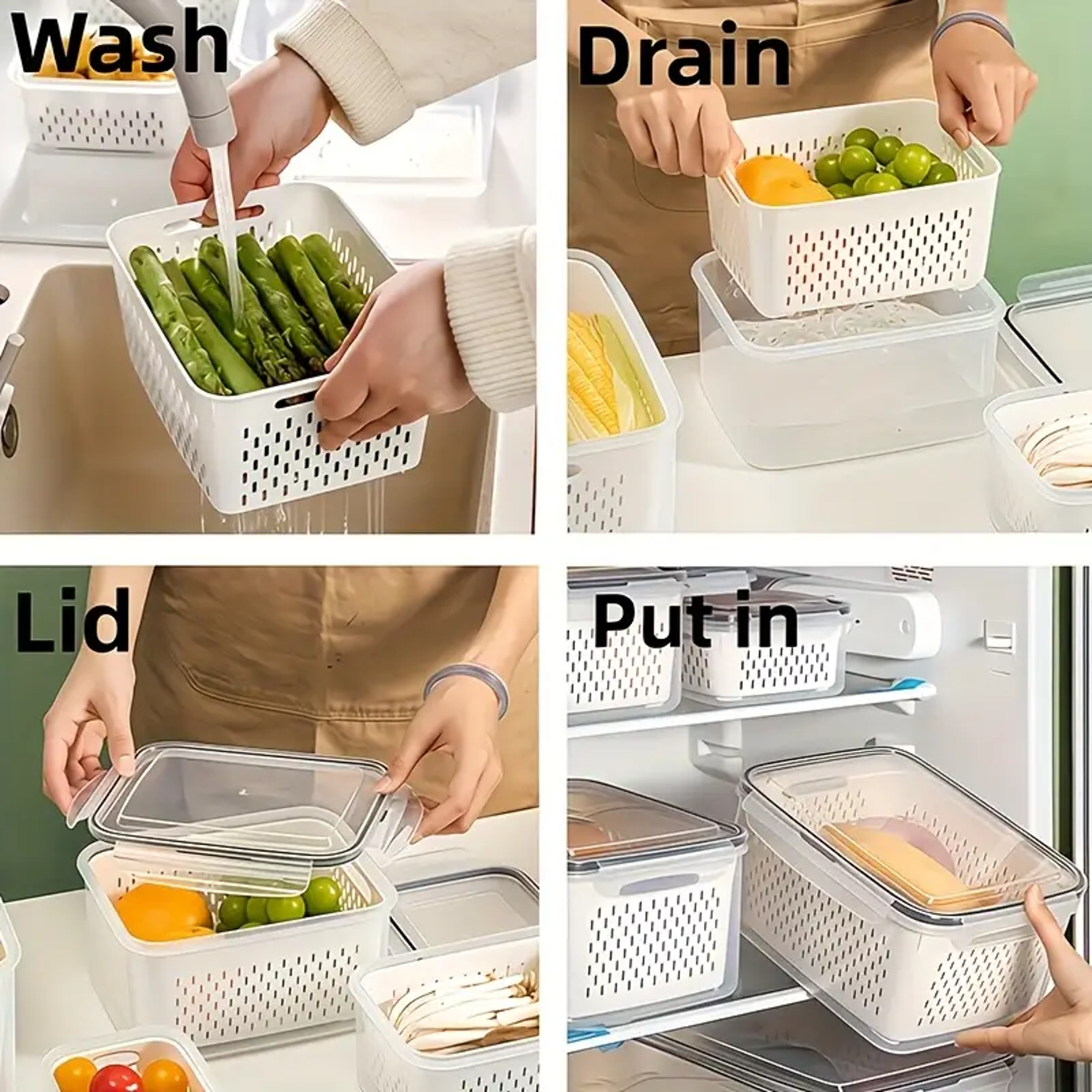 Reusable Plastic Food Storage Containers LeakProof Set With Drain Baskets Refrigerator Safe 3