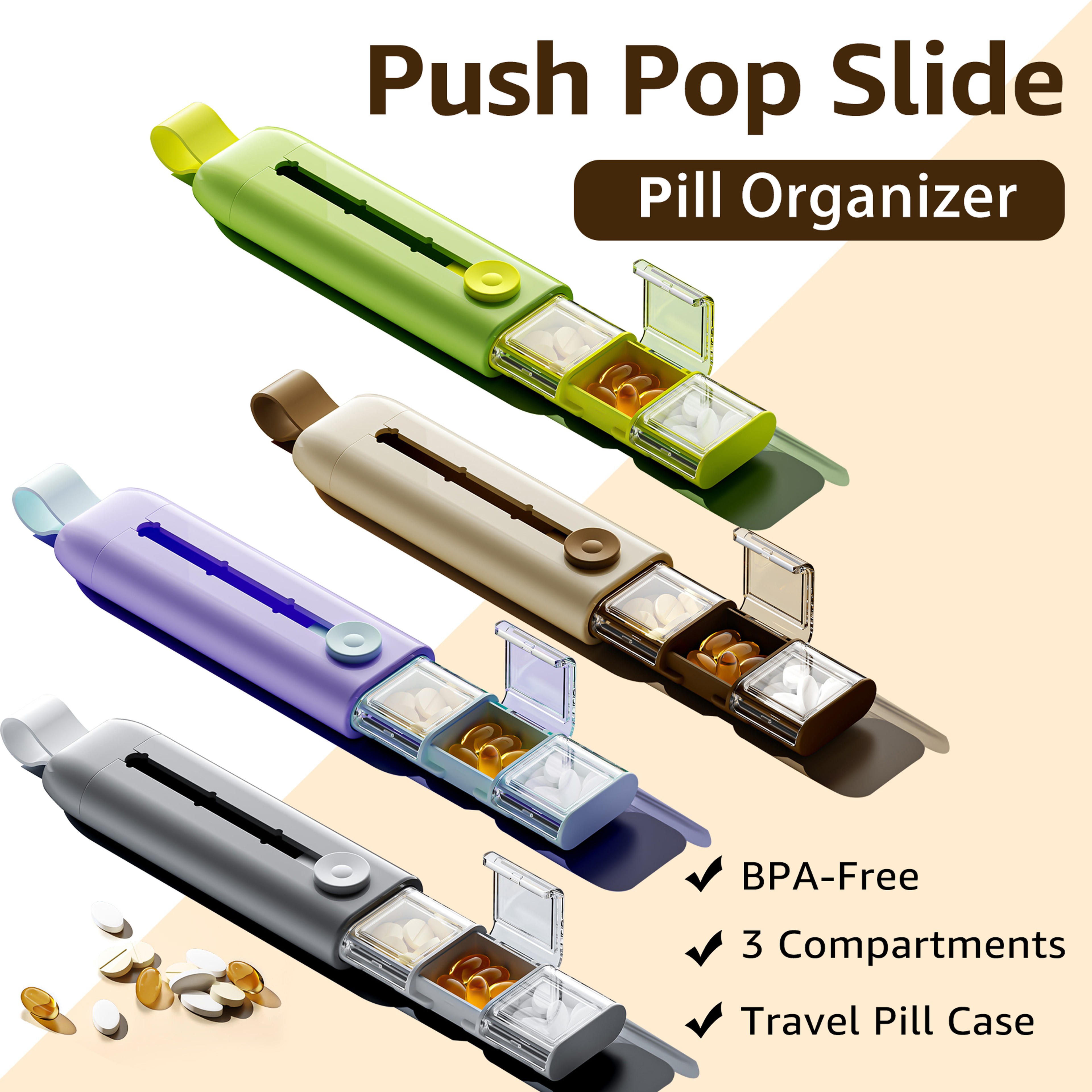 Compartments Anti-Spill Pill Organizer, Push Pop Slide Travel Case, BPA-Free and Food-Grade for Vitamins Supplements – view 1