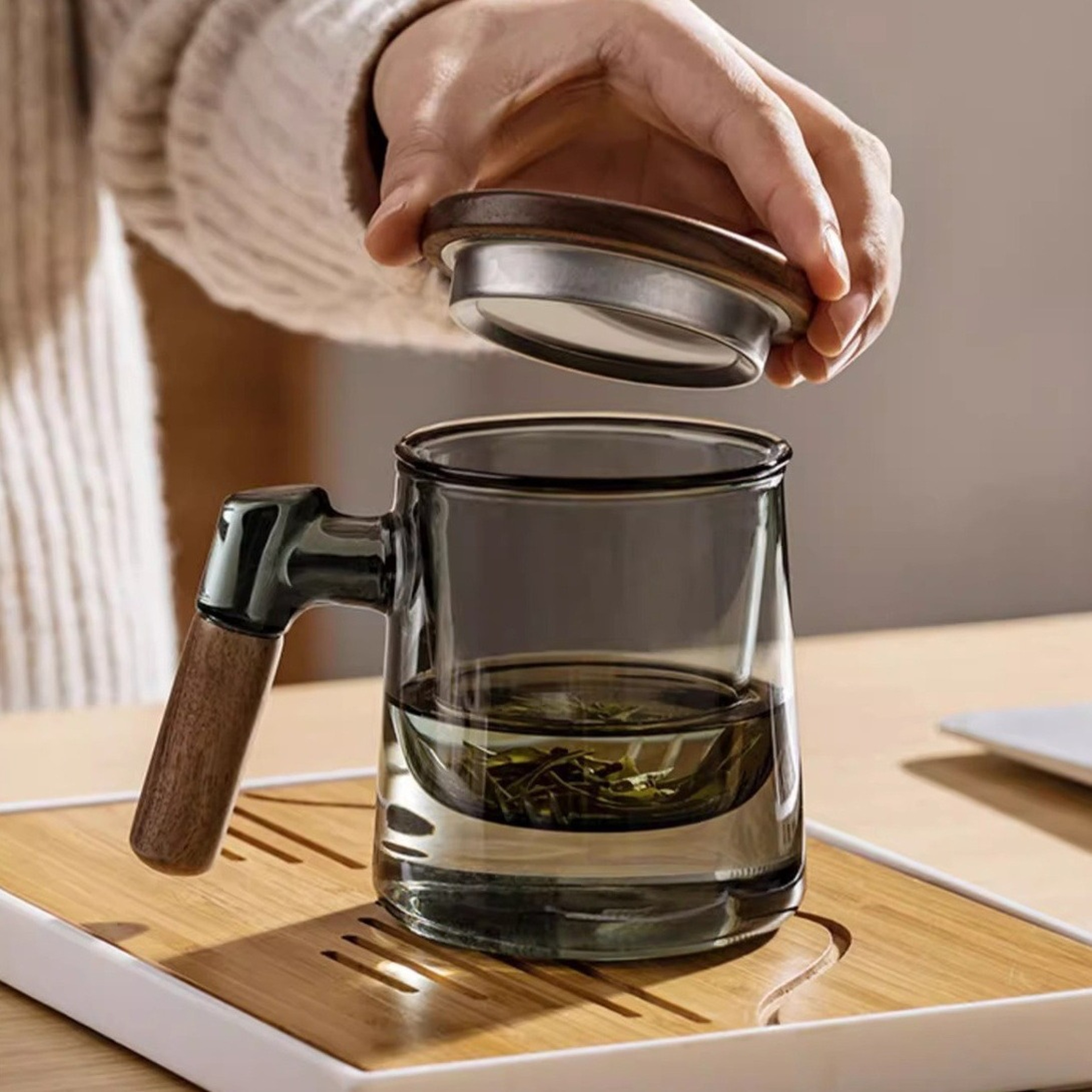 Borosilicate Glass Tea Cup With Infuser Steeper And Lid For Loose Leaf Tea Filter Mug Wood Handle F 0