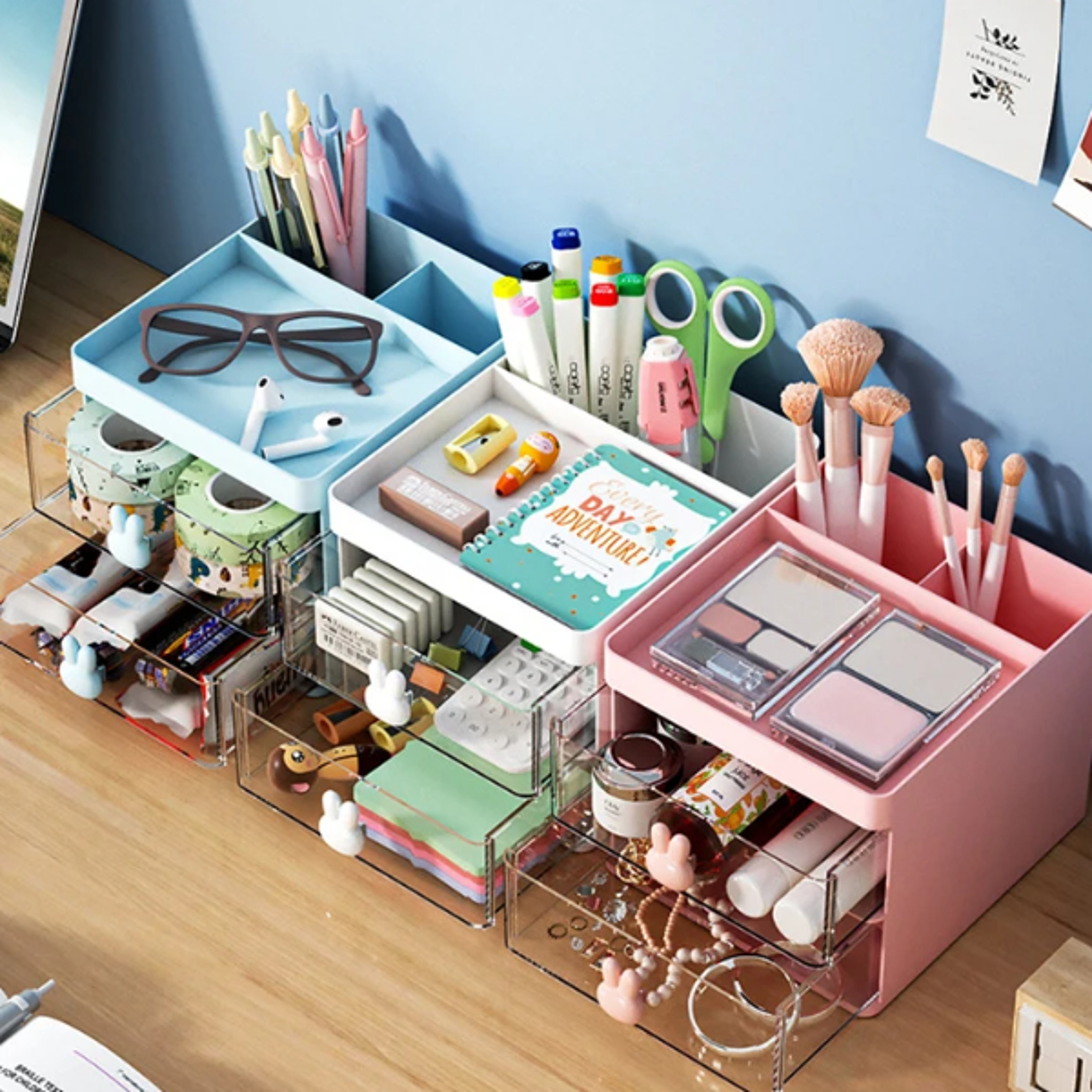 Office Desktop Storage Box Small Desk Organizer with Drawer Makeup Organizer for Business Cards P