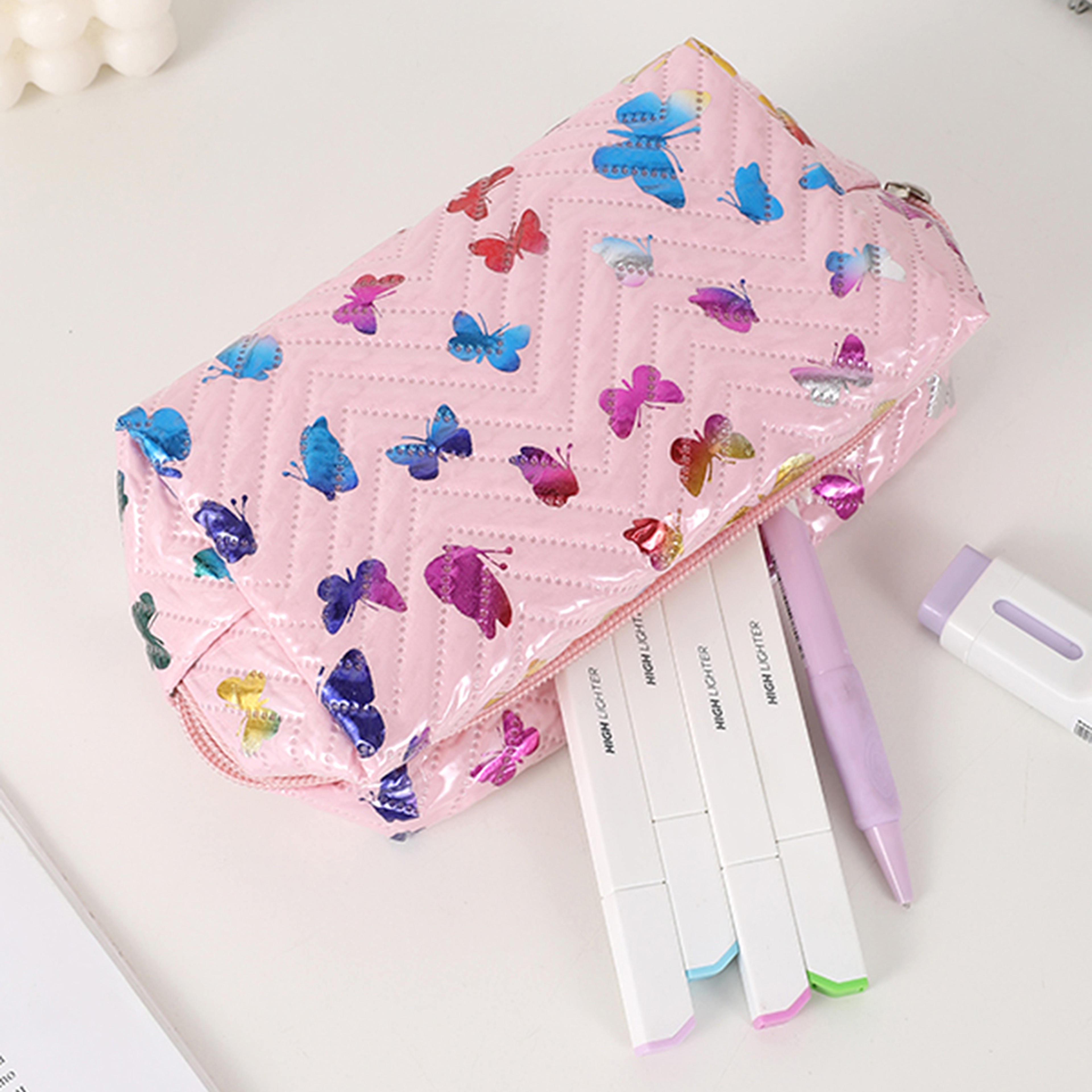 PU Leather Pencil Storage Box, Colorful Glossy Butterfly Print, Portable Desk Organizer for Office – view 5