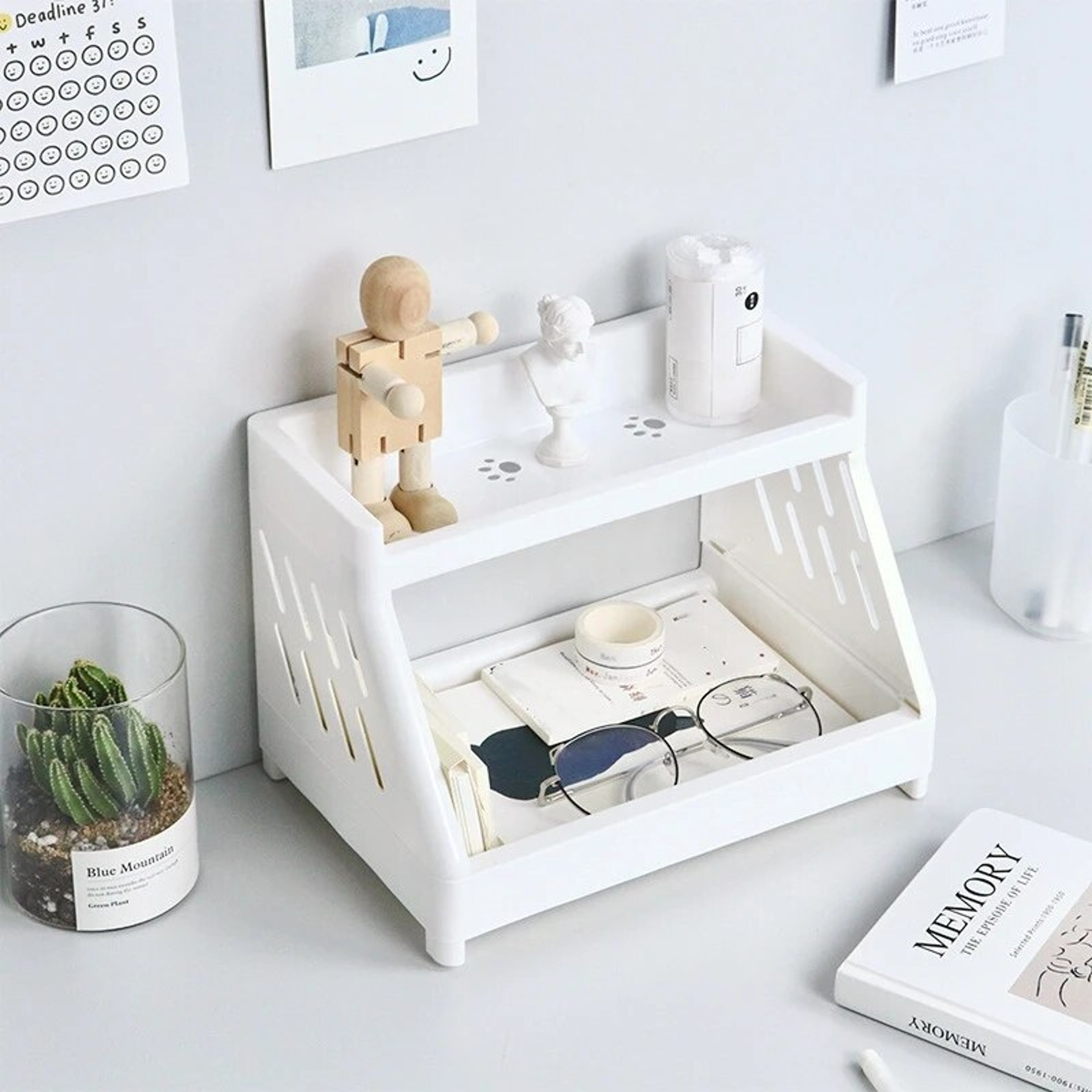 White Double Tier Desktop Storage Organiser with Cat's Paw Design, Perfect Display Shelf for Dorm Rooms and Home Offices – view 1