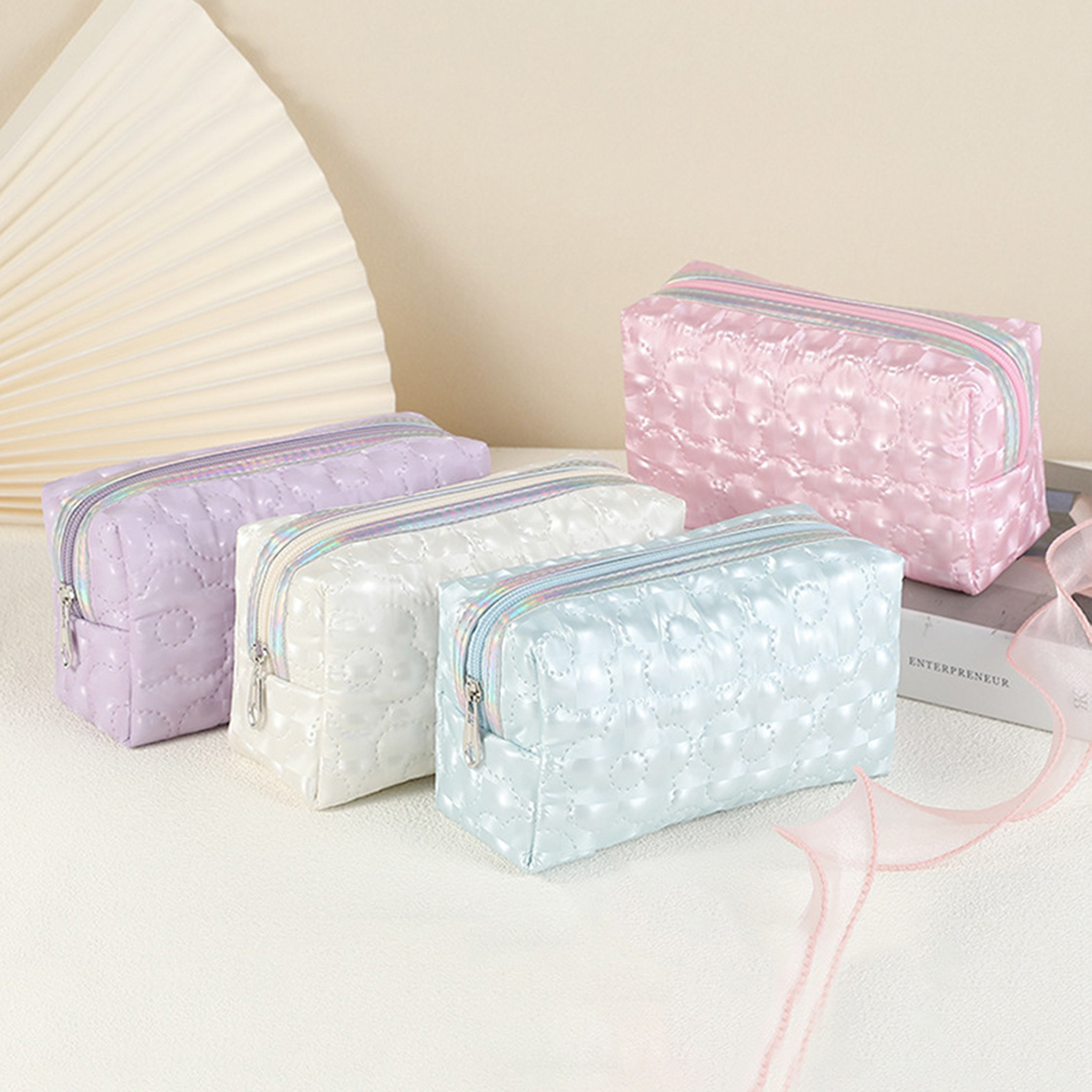 Portable Desk Stationery Organizer Bag for Study and Office, Exquisite Floral Pattern Storage Pouch with Glitter Fabric – view 1