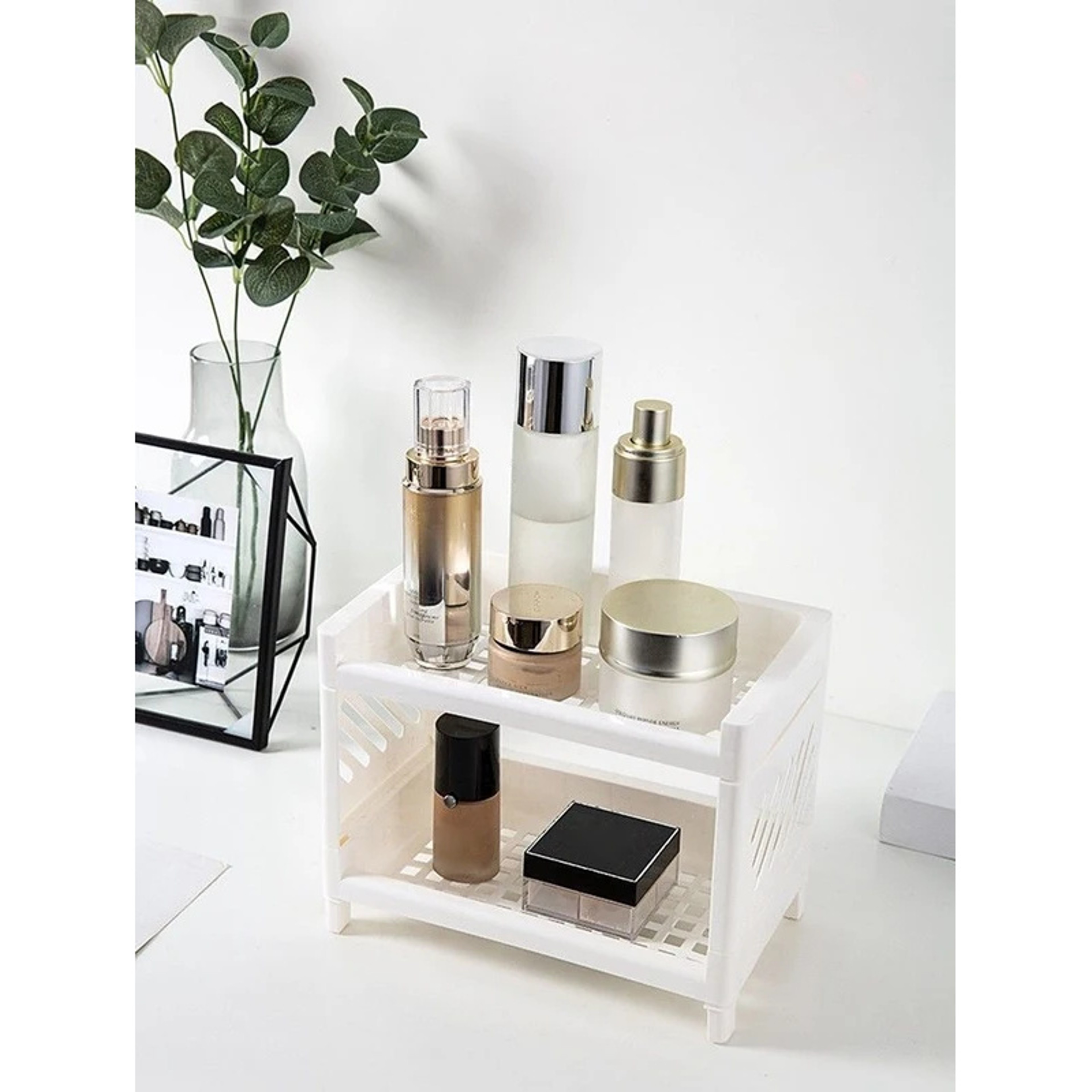 Rectangular White PP Desktop Storage Rack, Double Layer Organizer for Desk, Office, Student, Cosmetics Stationery – view 4