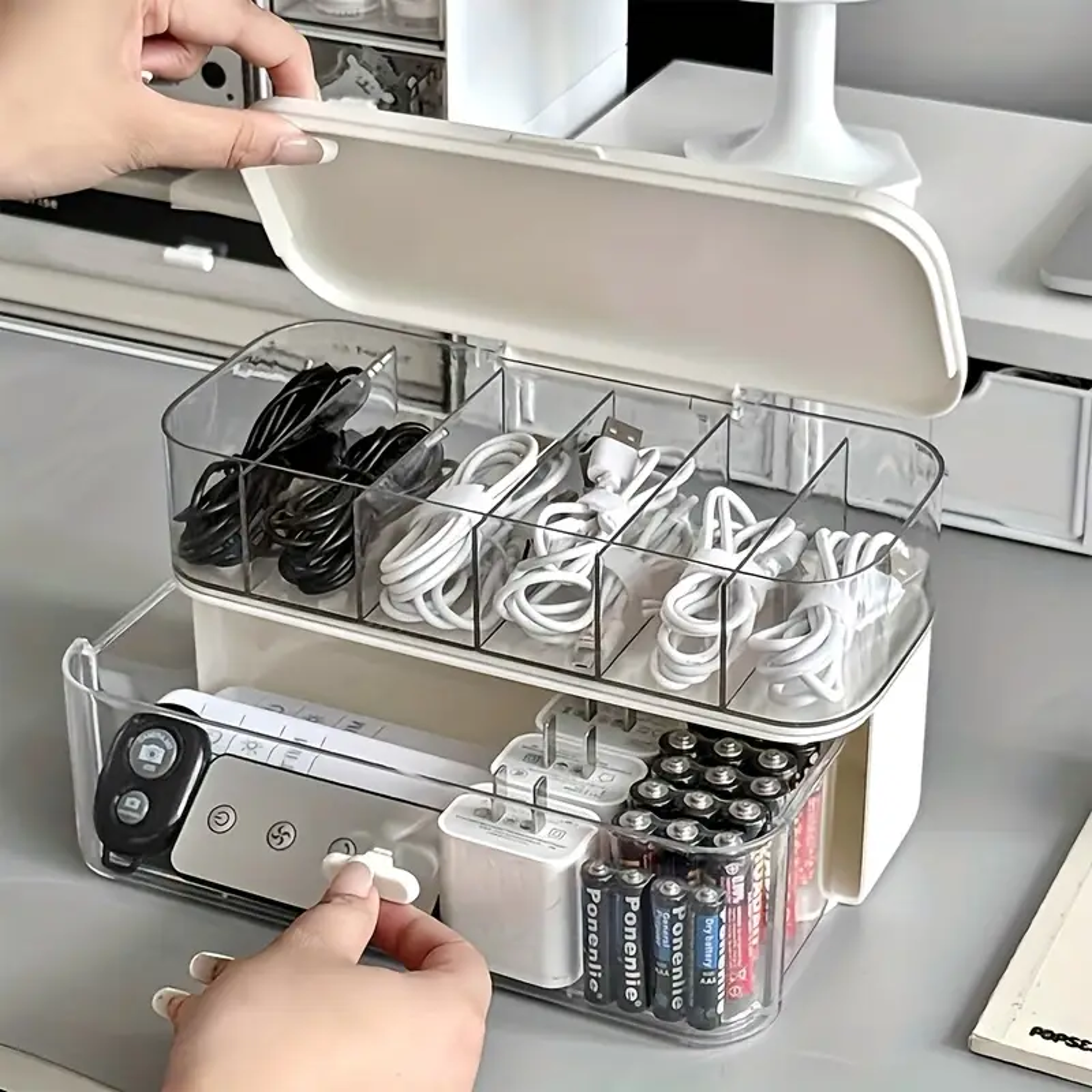 Transparent Cable Organizer Box Double Layer Plastic Storage Box For Desk And Office Accessories 0
