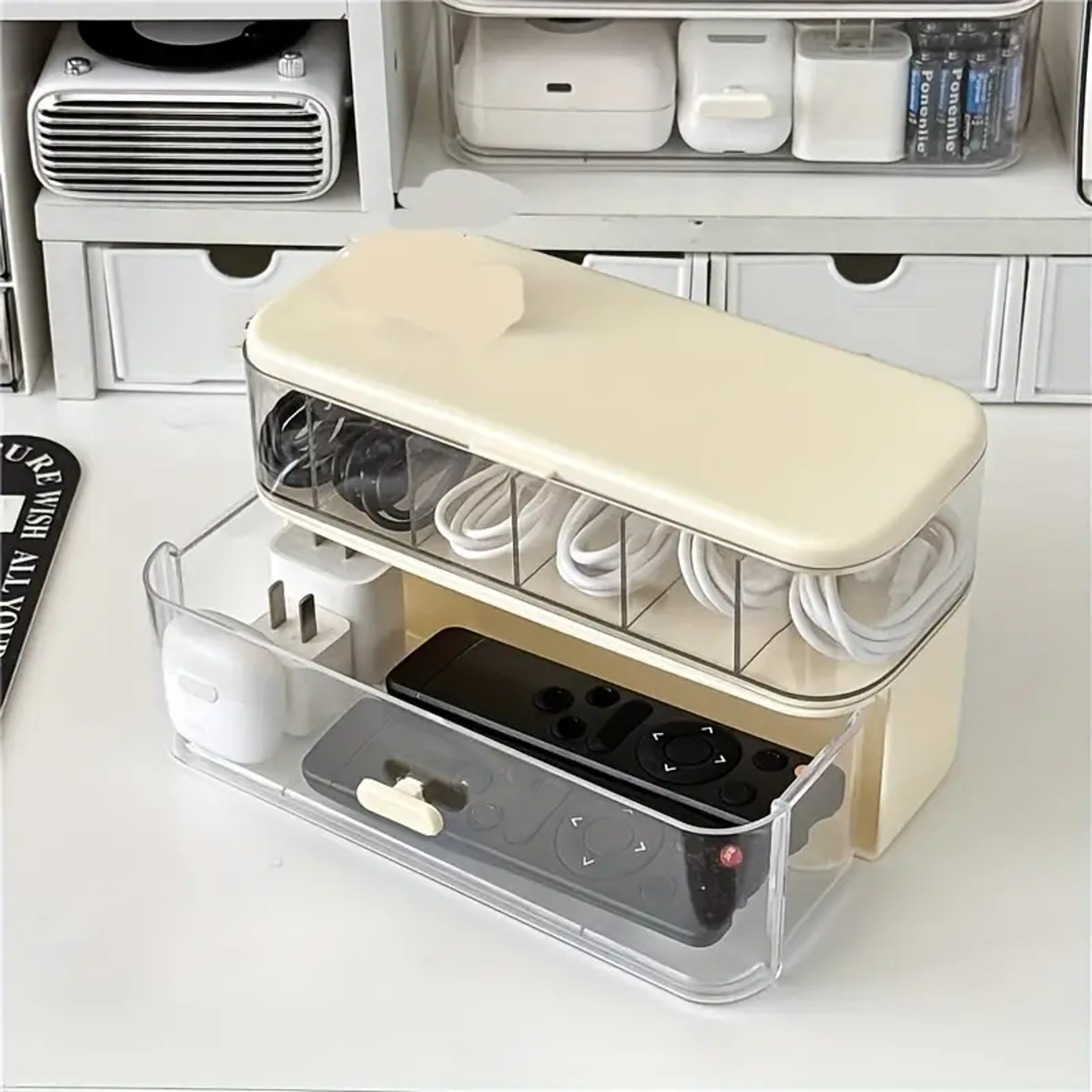 Transparent Cable Organizer Box Double Layer Plastic Storage Box For Desk And Office Accessories 5