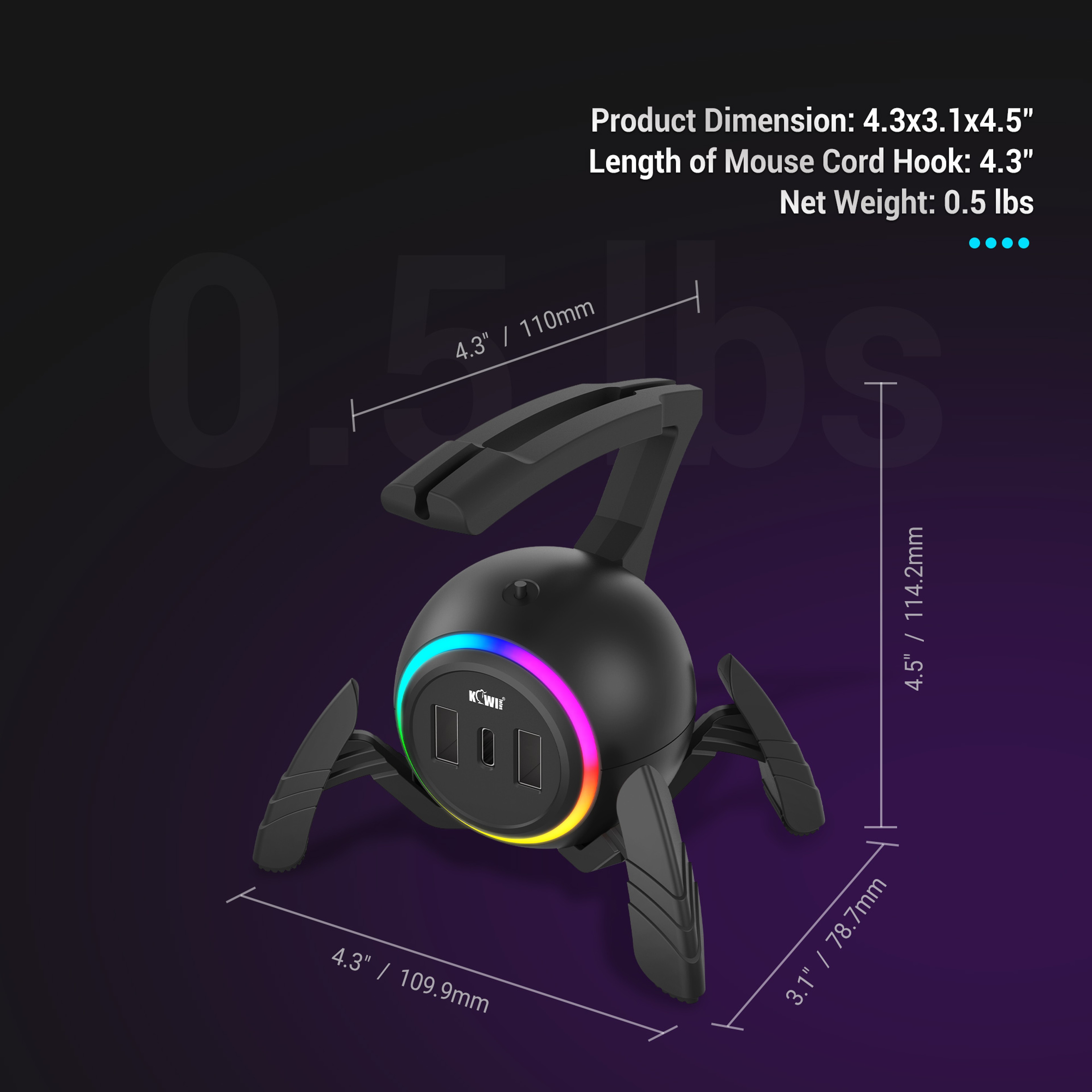 Mouse Bungee Anti-Winding for PC Gaming, RGB Lighting with Type-C Ports & 2 USB Ports, Anti-Slip Feet Mouse Cable Holder – view 6