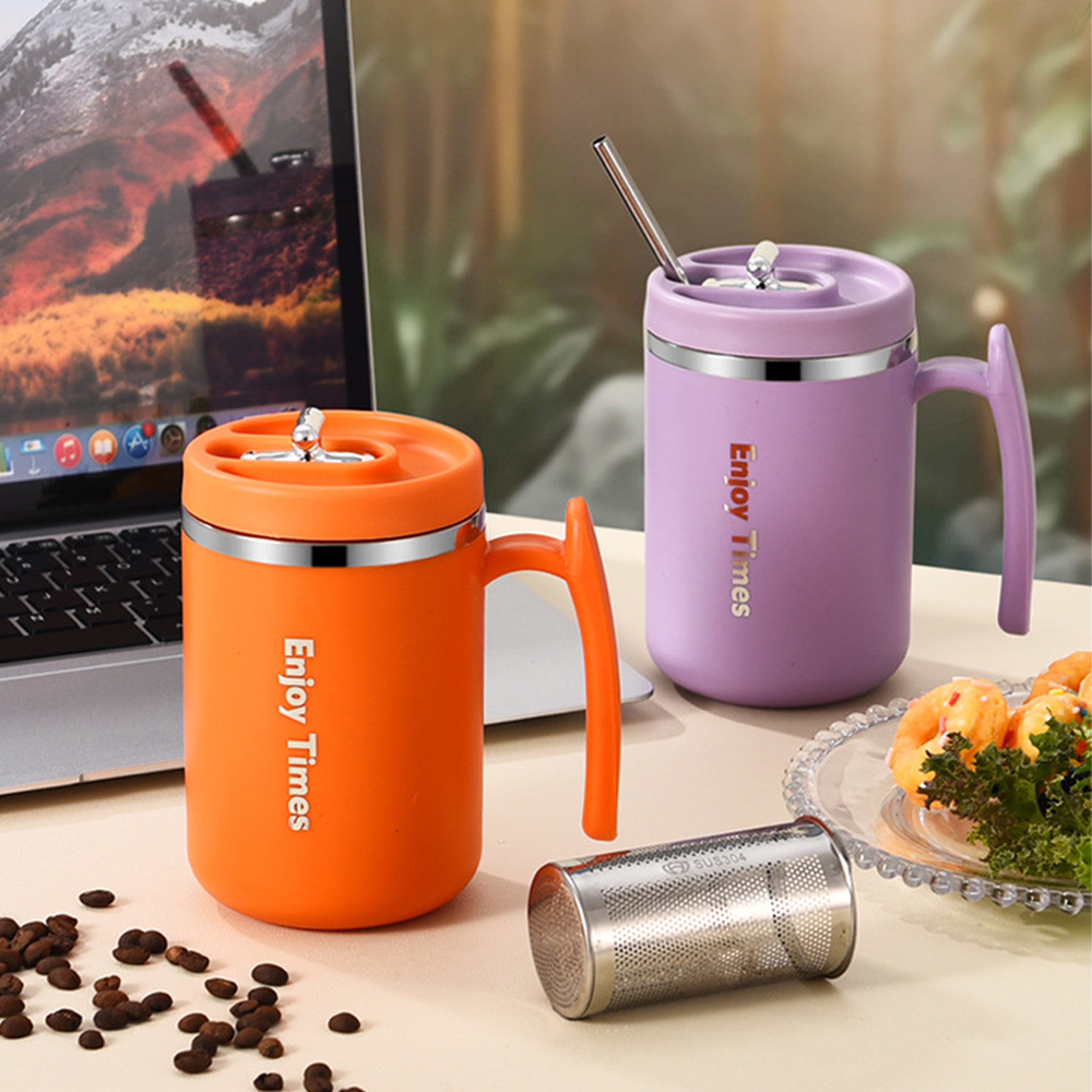 Stainless Steel Liner Coffee Mug With Lid Tea Cup With Strainer And Straw Reusable Water Bottle Off 0