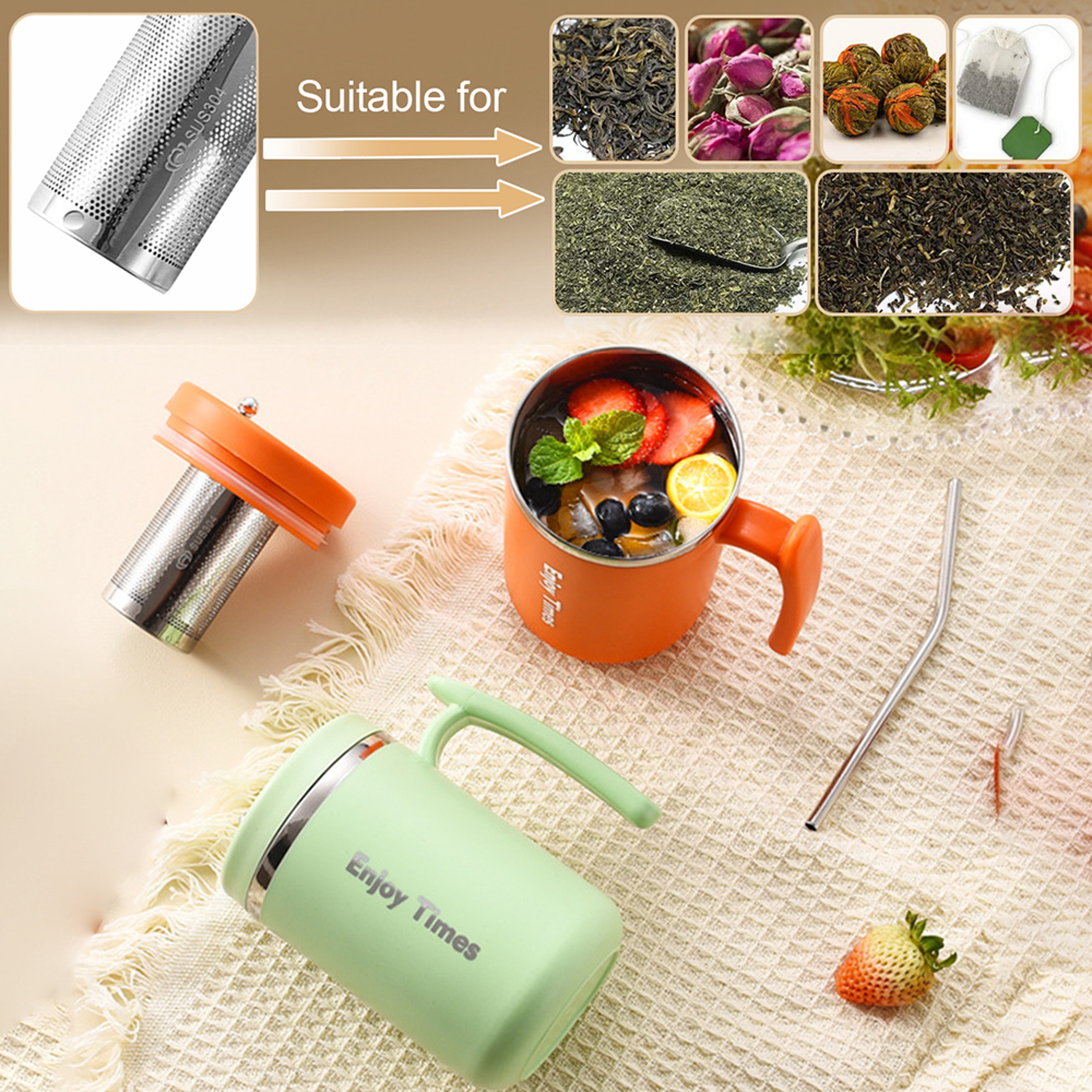 Stainless Steel Liner Coffee Mug With Lid Tea Cup With Strainer And Straw Reusable Water Bottle Off 2