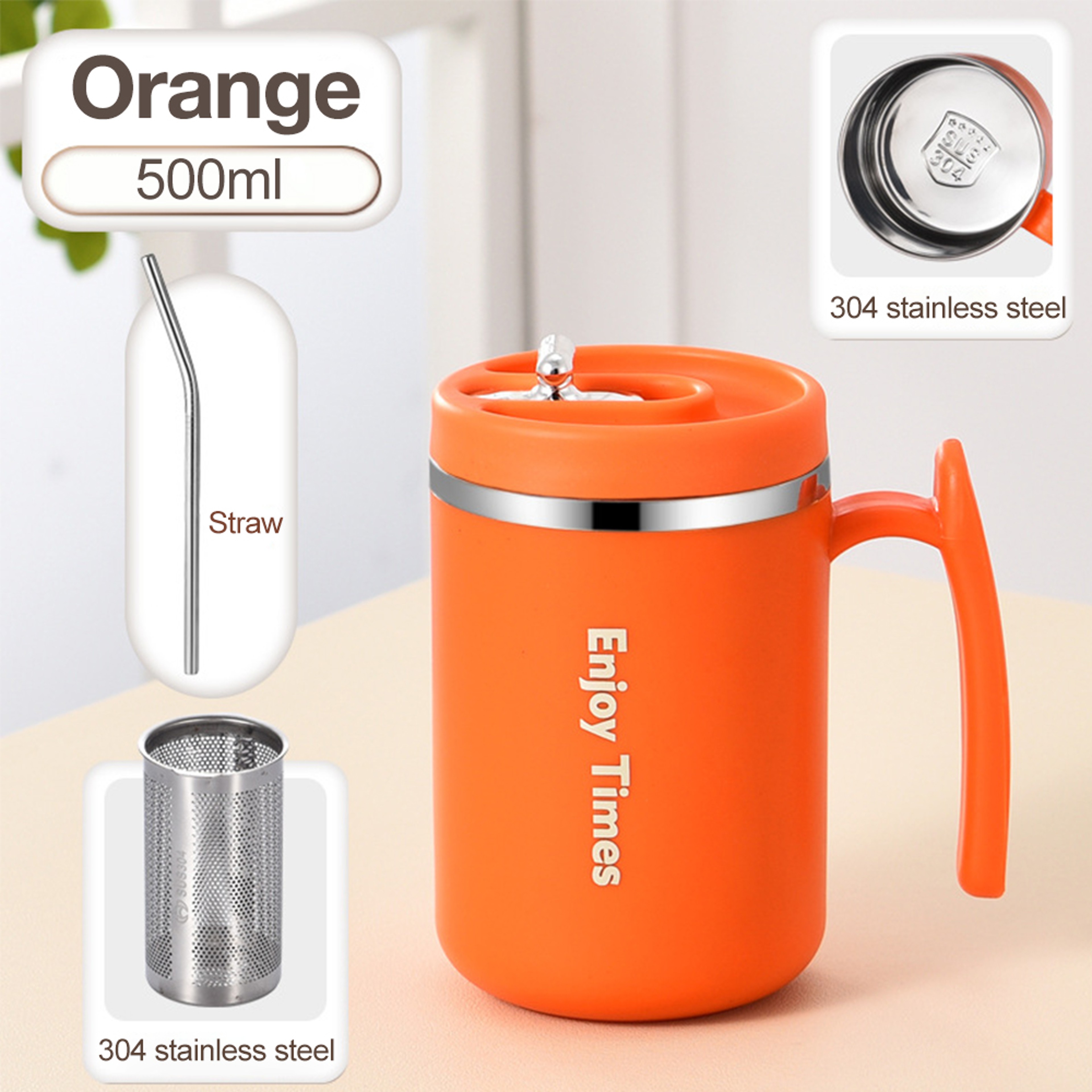 Stainless Steel Liner Coffee Mug With Lid Tea Cup With Strainer And Straw Reusable Water Bottle Off 8