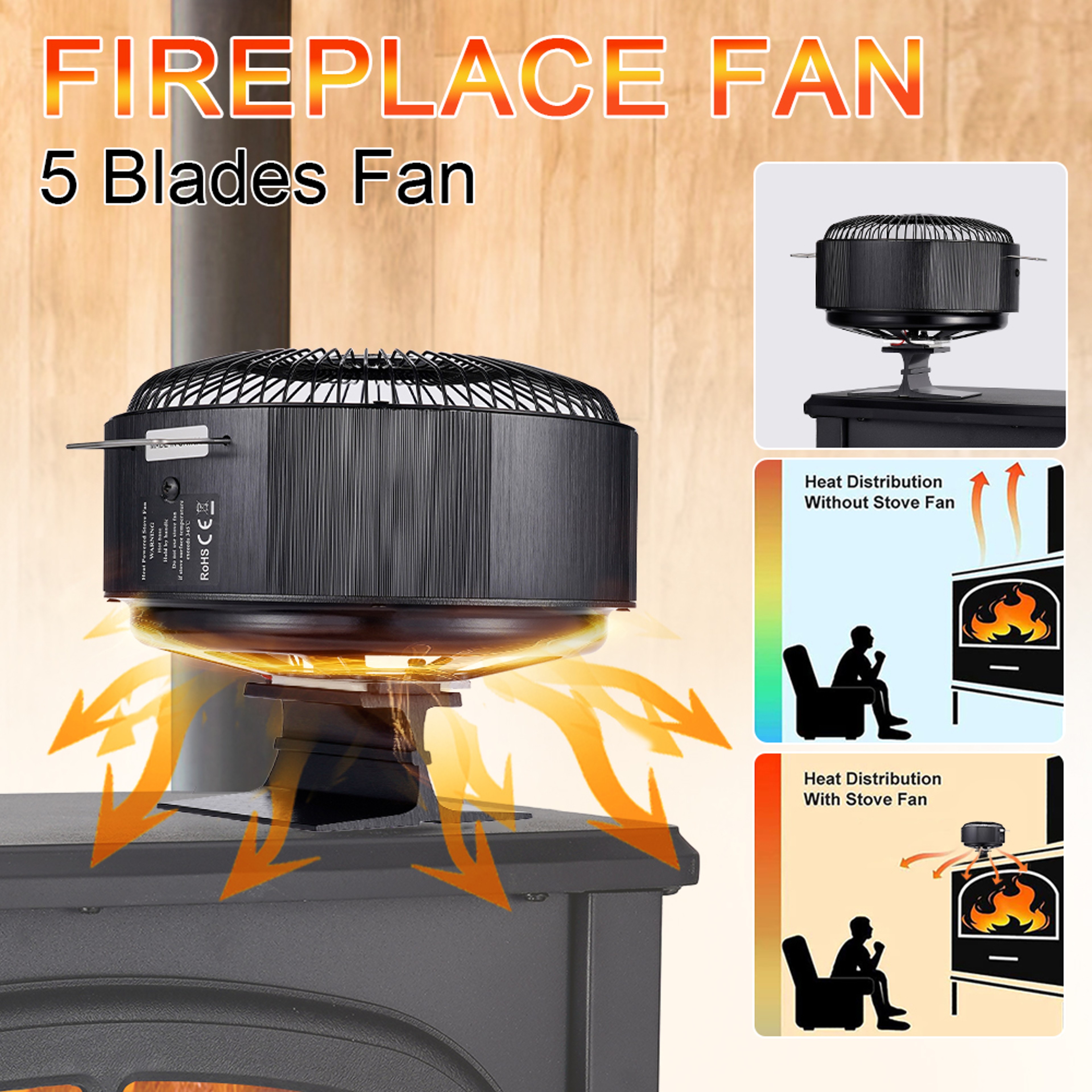 Log Wood Fireplace Fan Burner Quiet, 5 Blades Stove Fan Heat Powered Free Standing Home Warmer – view 1