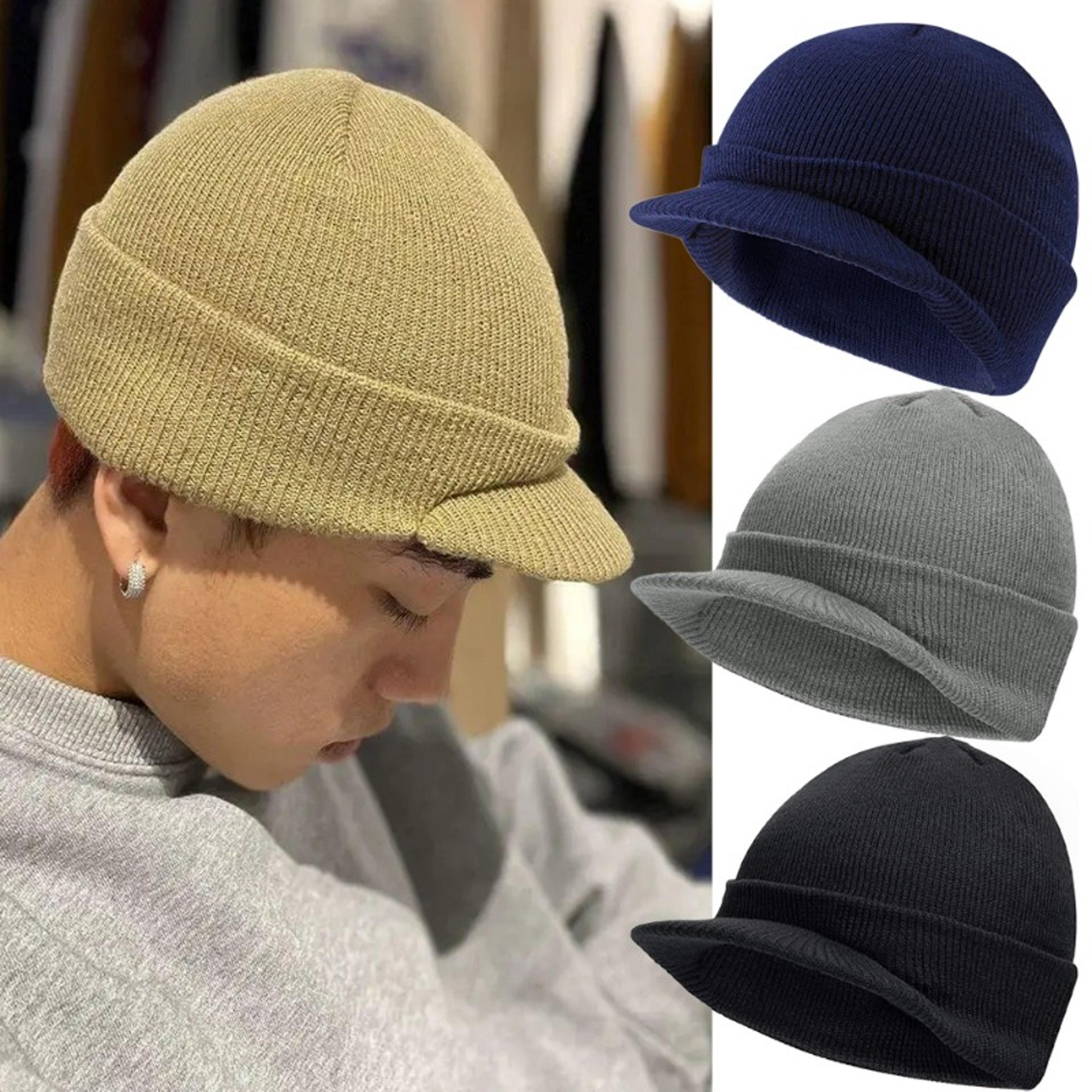 Thick Winter Knitted Hat for Men and Women, Unisex Warm Knitted Hats with Brim, Fashion Thicken Fur Lined Beanie Cap – view 1
