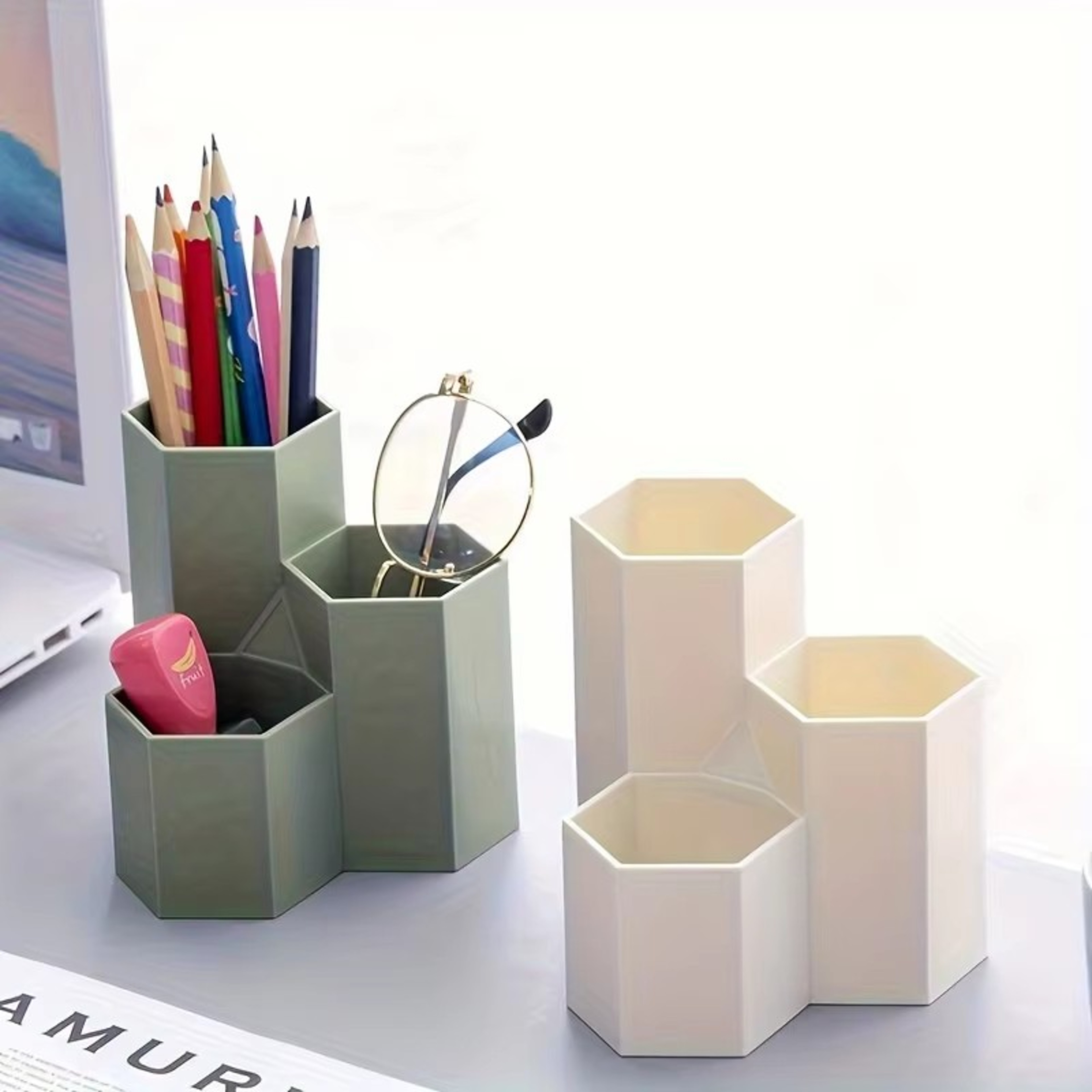 Student Office ThreeGrid Pen Holder Multifunctional Desktop Storage Box Makeup Brush And Small Item