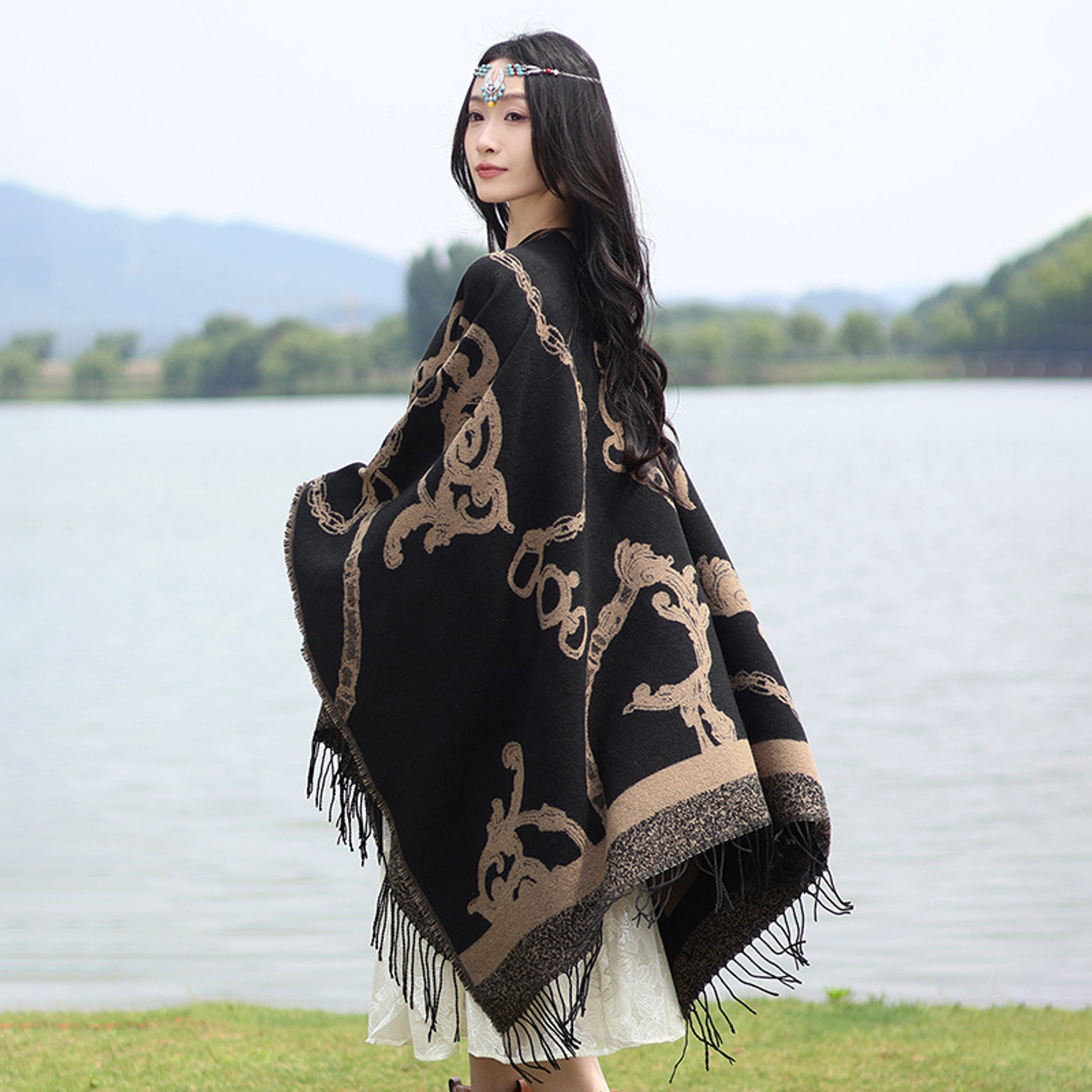 Thick Acrylic Cashmere Cape Long Poncho, Fashion Luxury Jacquard Unisex Travel Winter Shawl – view 2