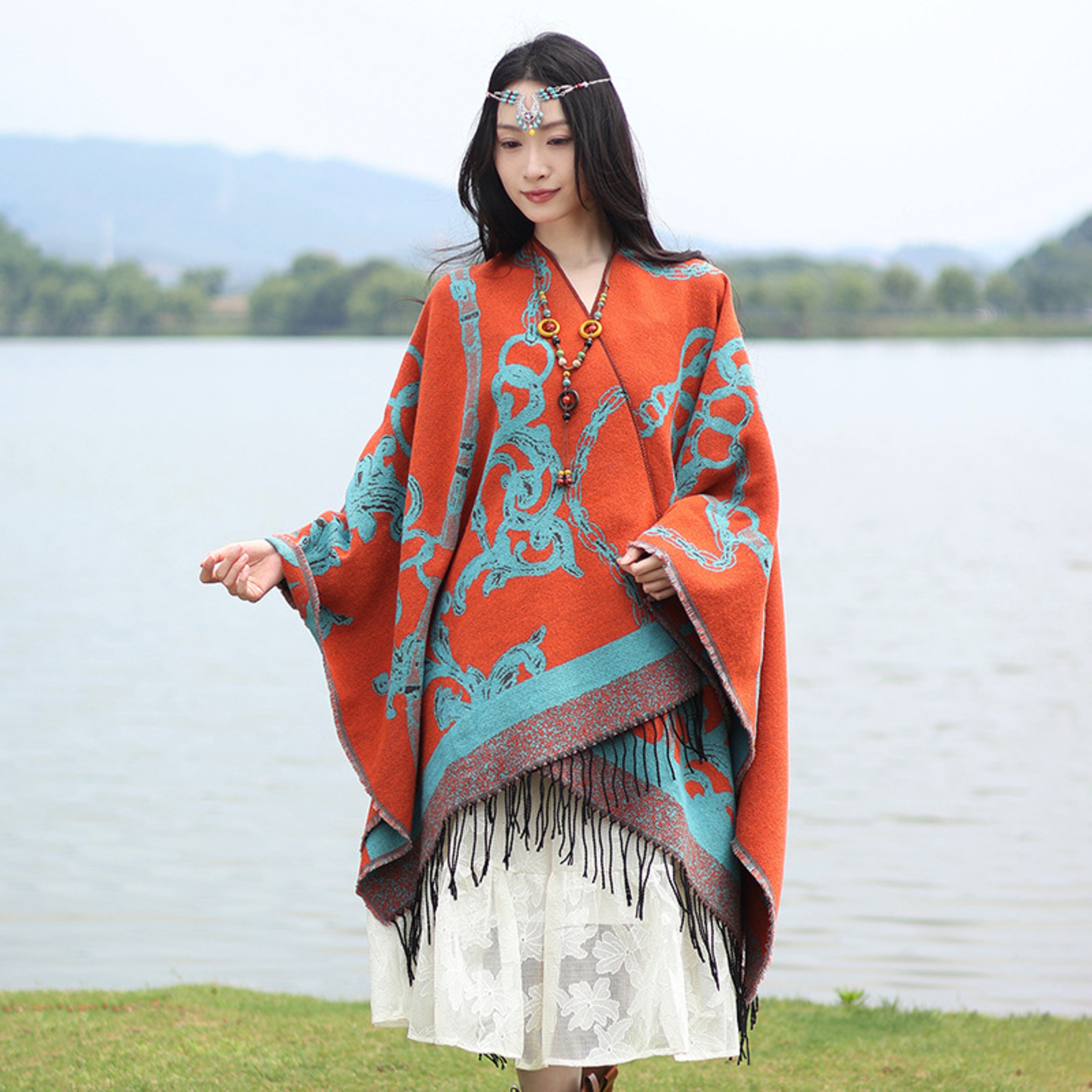Thick Acrylic Cashmere Cape Long Poncho, Fashion Luxury Jacquard Unisex Travel Winter Shawl – view 4