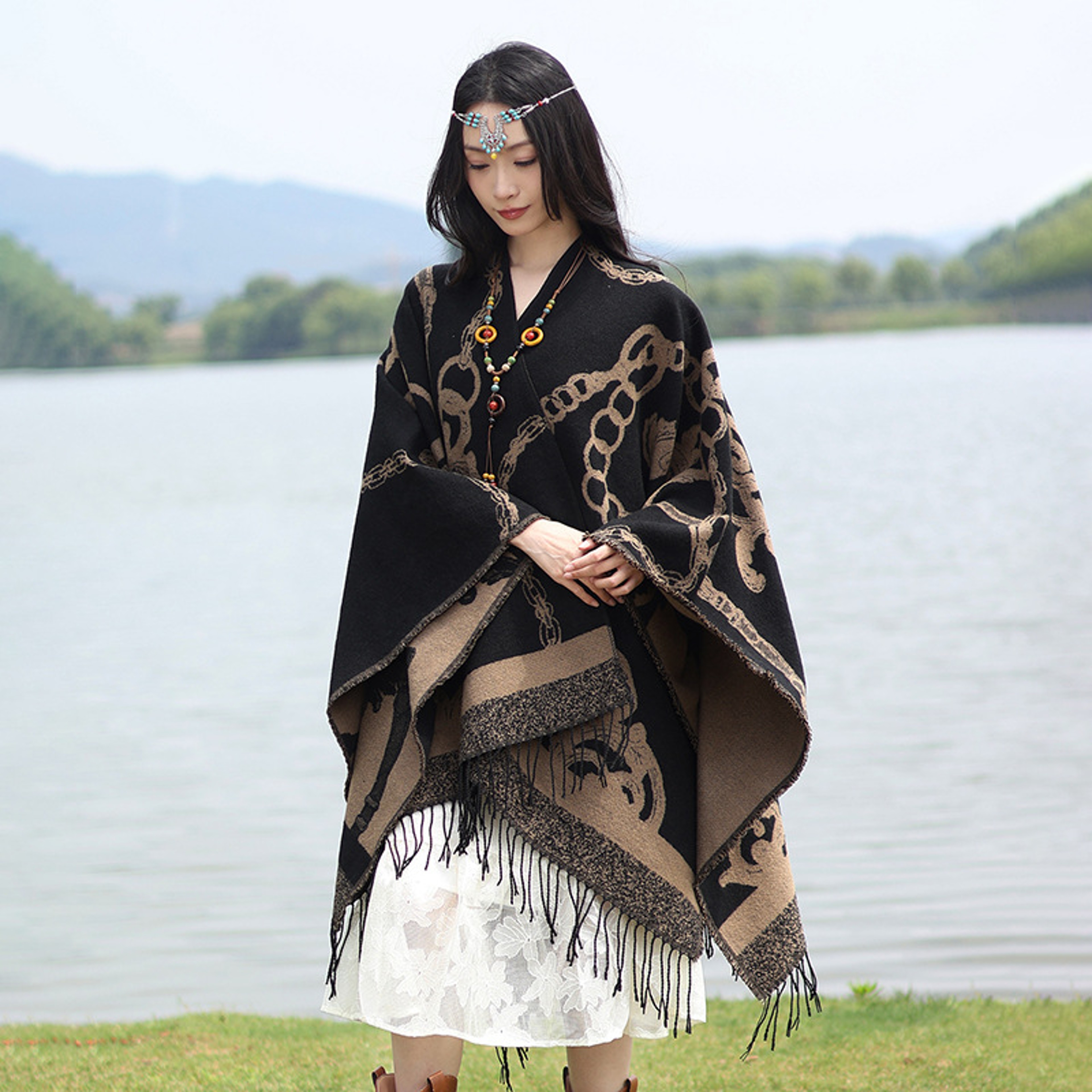 Thick Acrylic Cashmere Cape Long Poncho, Fashion Luxury Jacquard Unisex Travel Winter Shawl – view 6