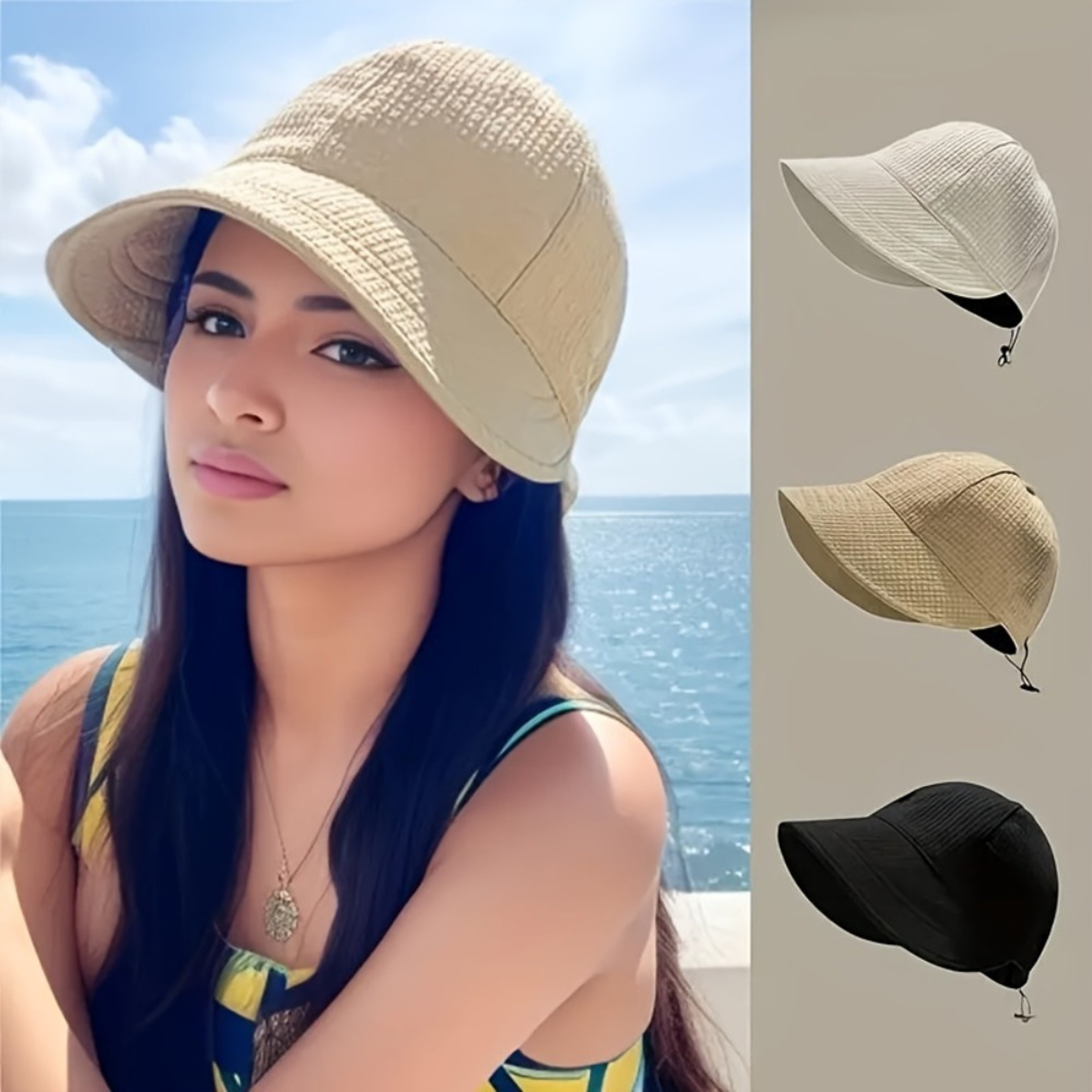 Fashionable Sun Protection Baseball Cap Womens Drawstring Waffle Pattern Travel Sun Hat 0