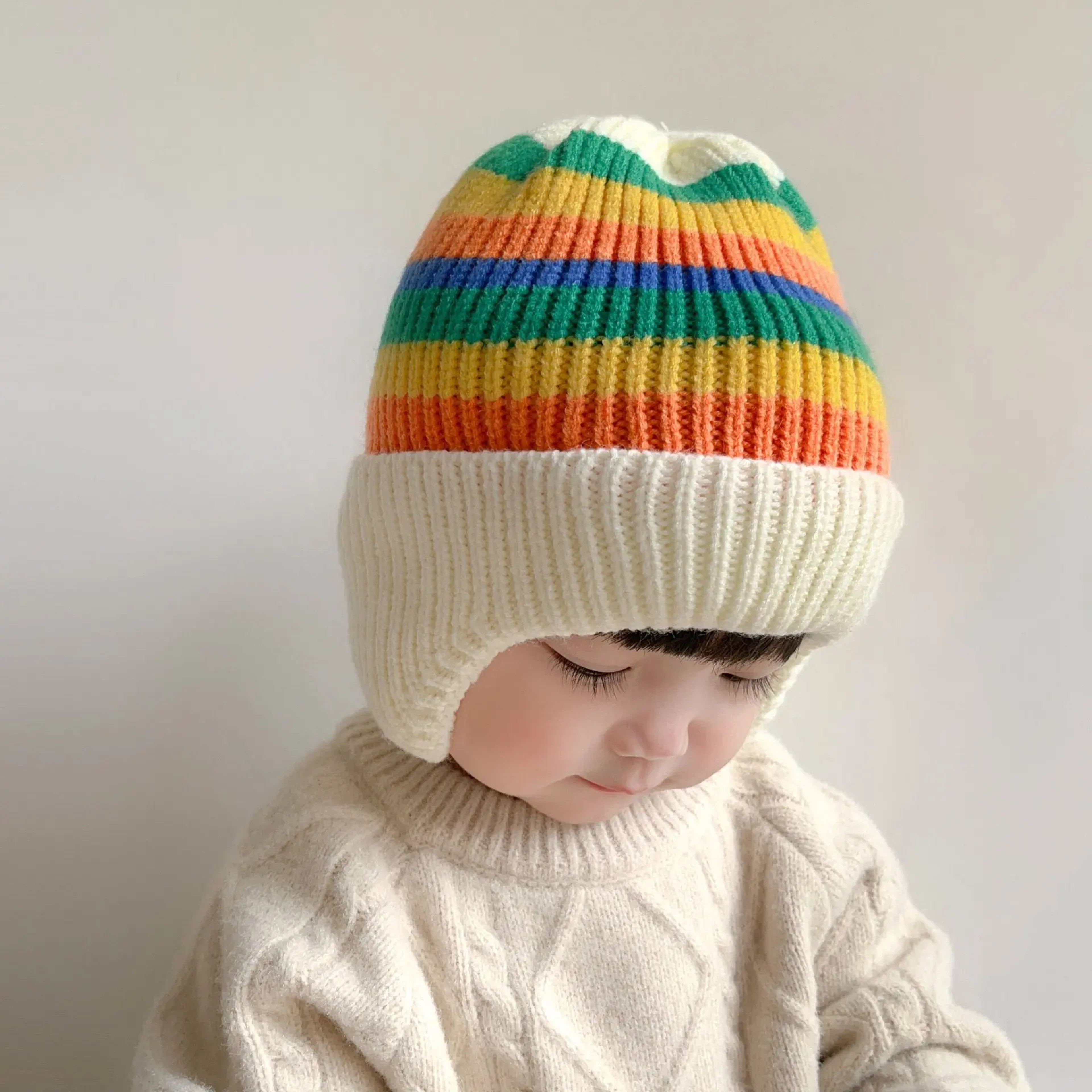 Children Winter Wool Hat with Bear Ears, Thickened Warm Knitted Korean Baby Hat – view 9
