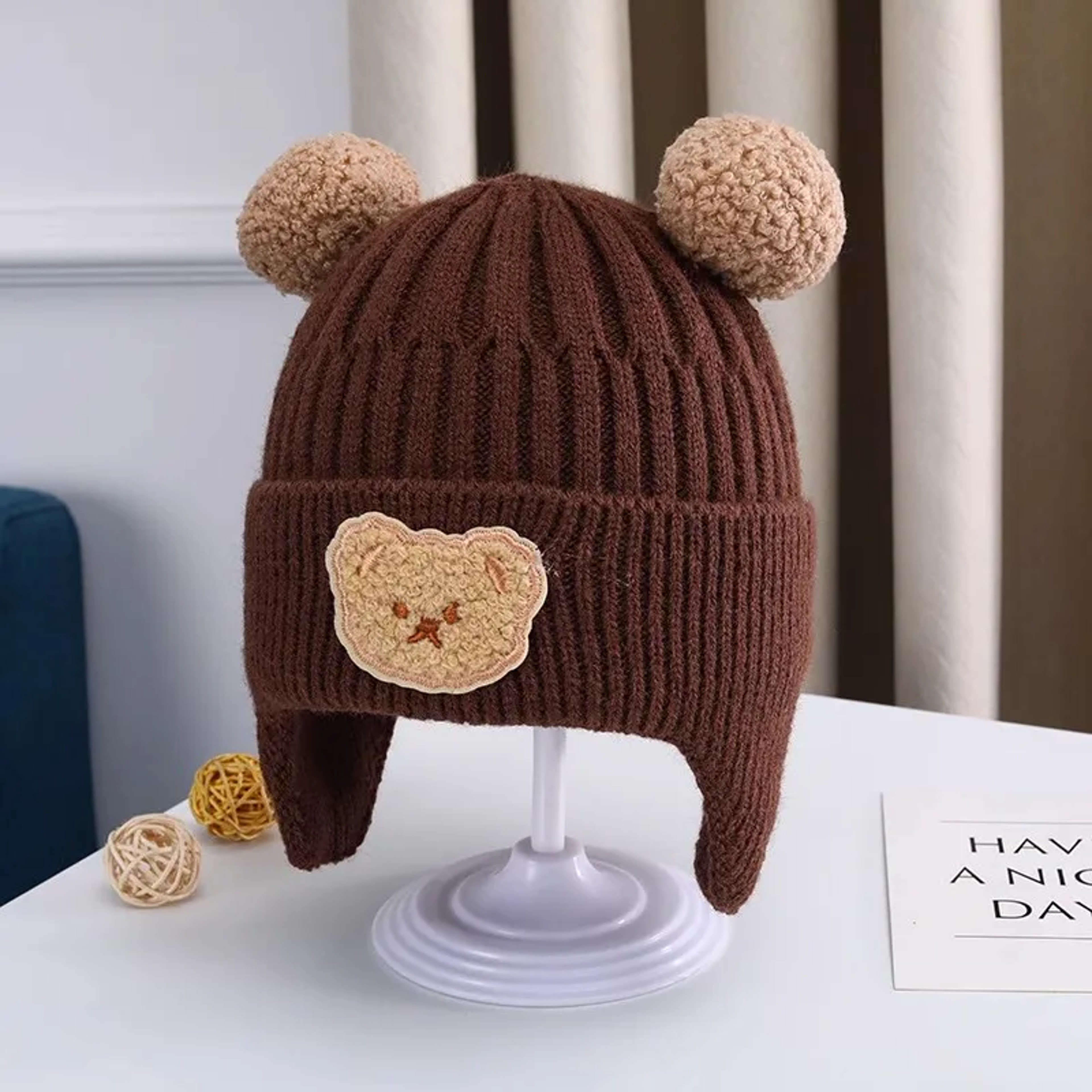 Children Winter Wool Hat with Bear Ears, Thickened Warm Knitted Korean Baby Hat – view 11