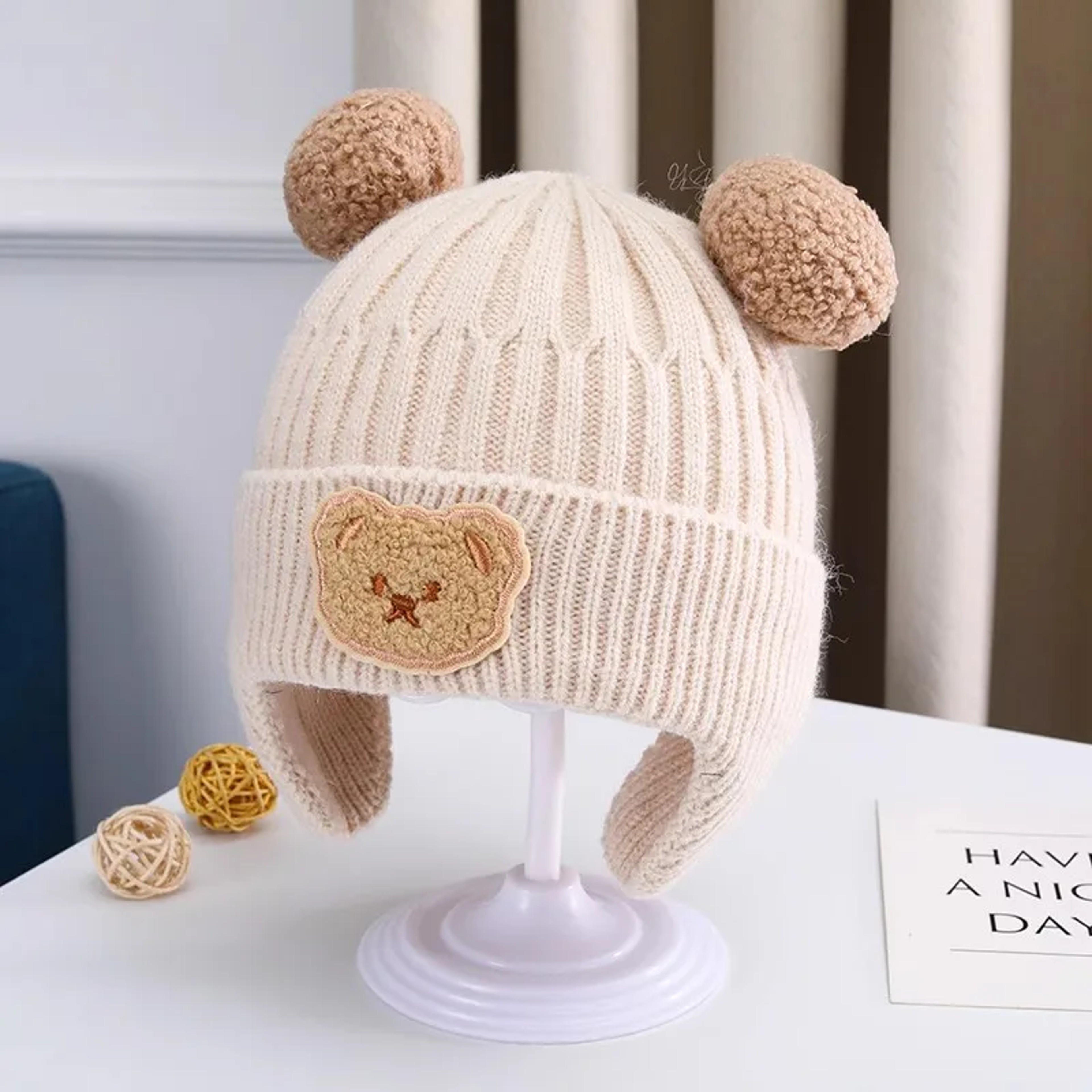 Children Winter Wool Hat with Bear Ears, Thickened Warm Knitted Korean Baby Hat – view 13