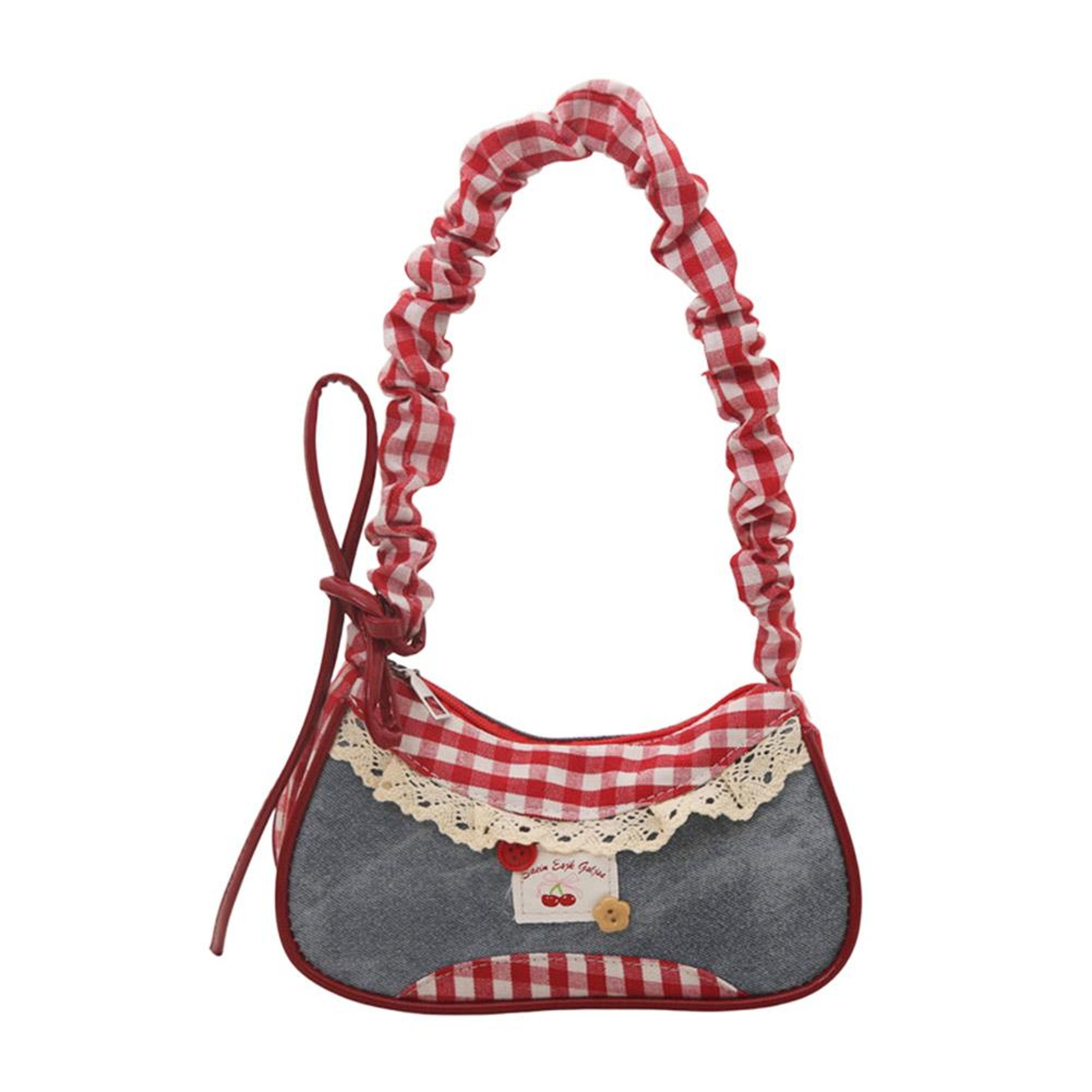 Denim Blue Bow Plaid Shoulder Bag, Lace Ribbon Cloth Underarm Bags, Large Capacity All-match Sweet French Stick Handbag – view 7