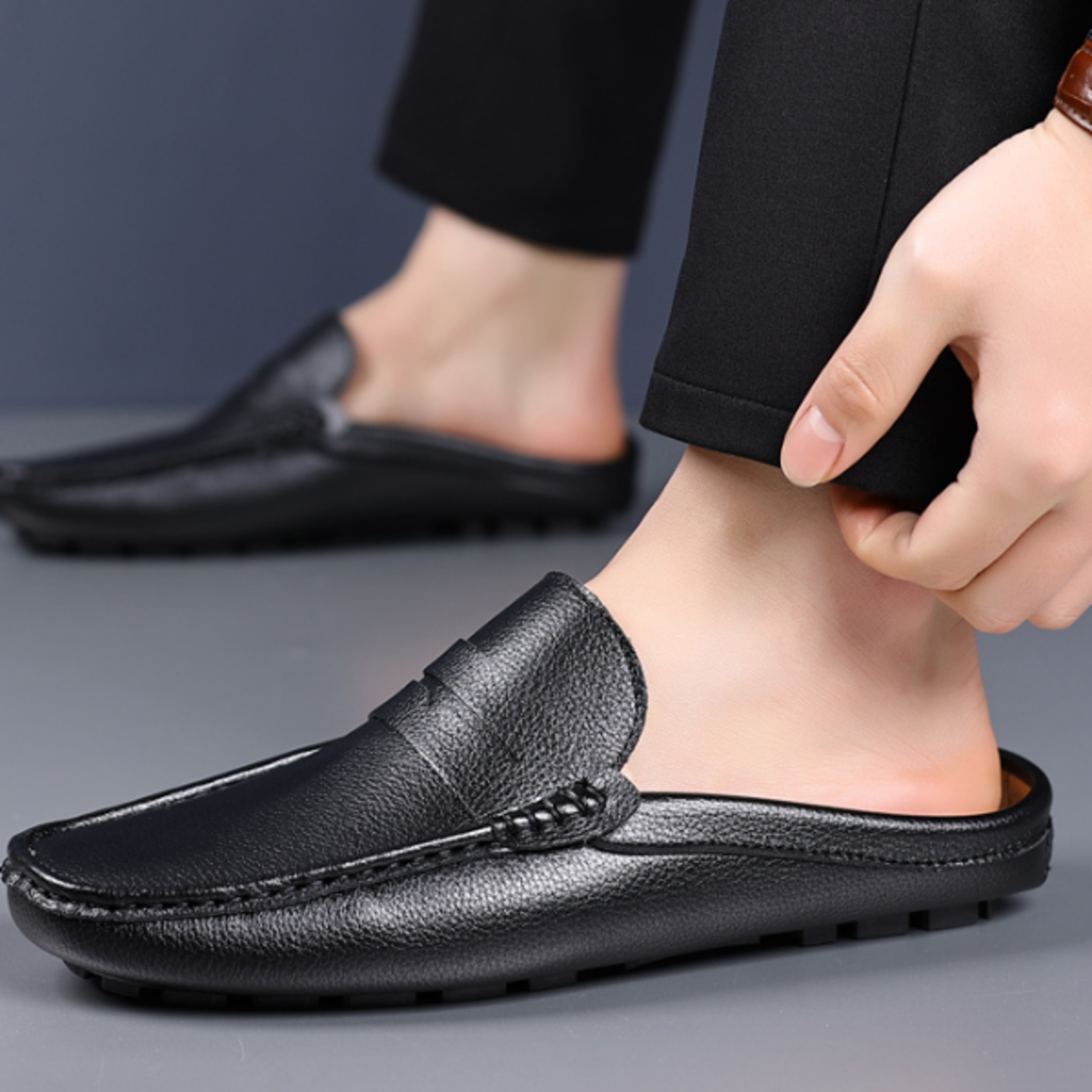 Breathable Casual Leather Slippers for Men Summer Slipon Loafers Comfy Half Shoes