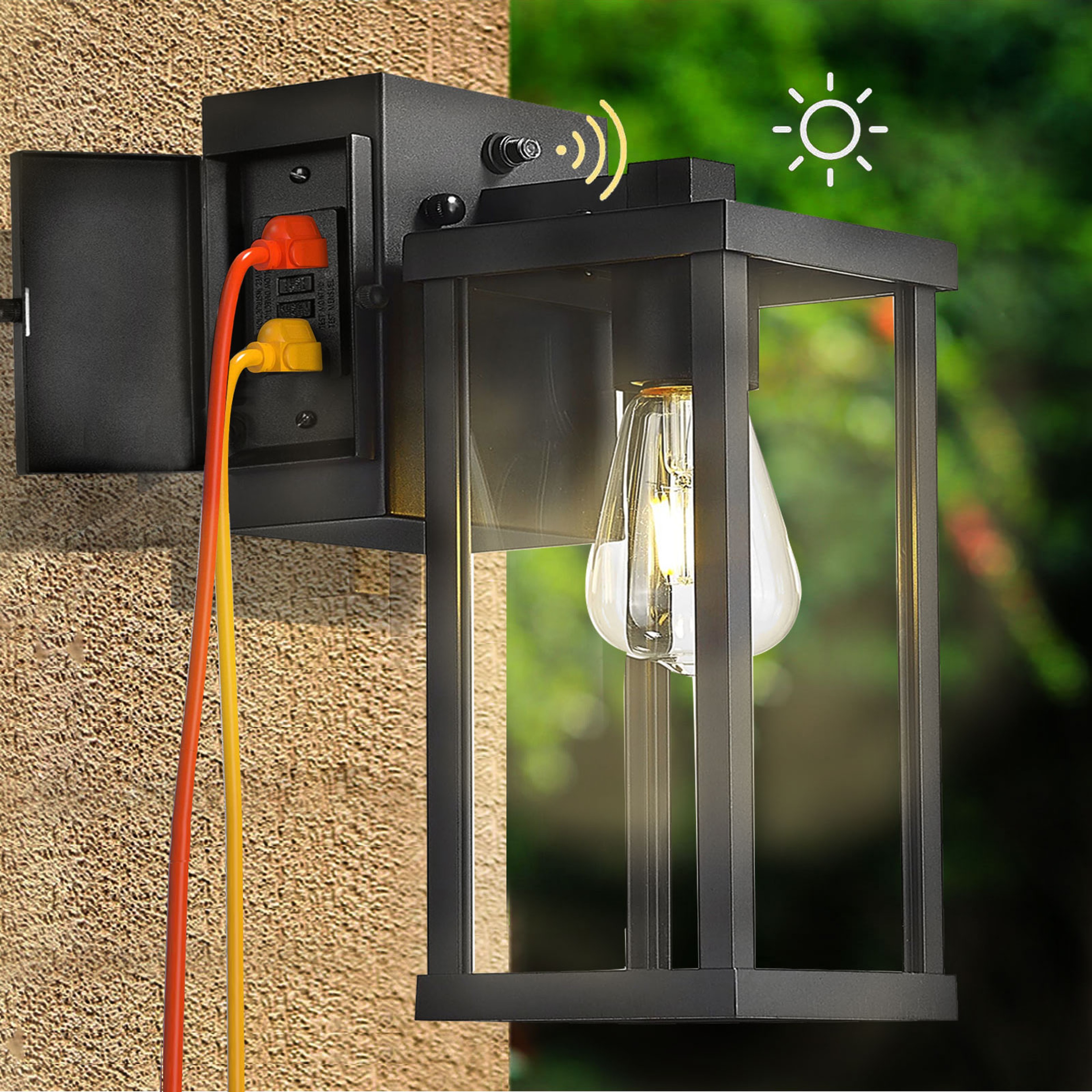 Outdoor Porch Light with Outlet, Dusk to Dawn Wall Mount Exterior Lighting for House, Patio & Garage – view 1