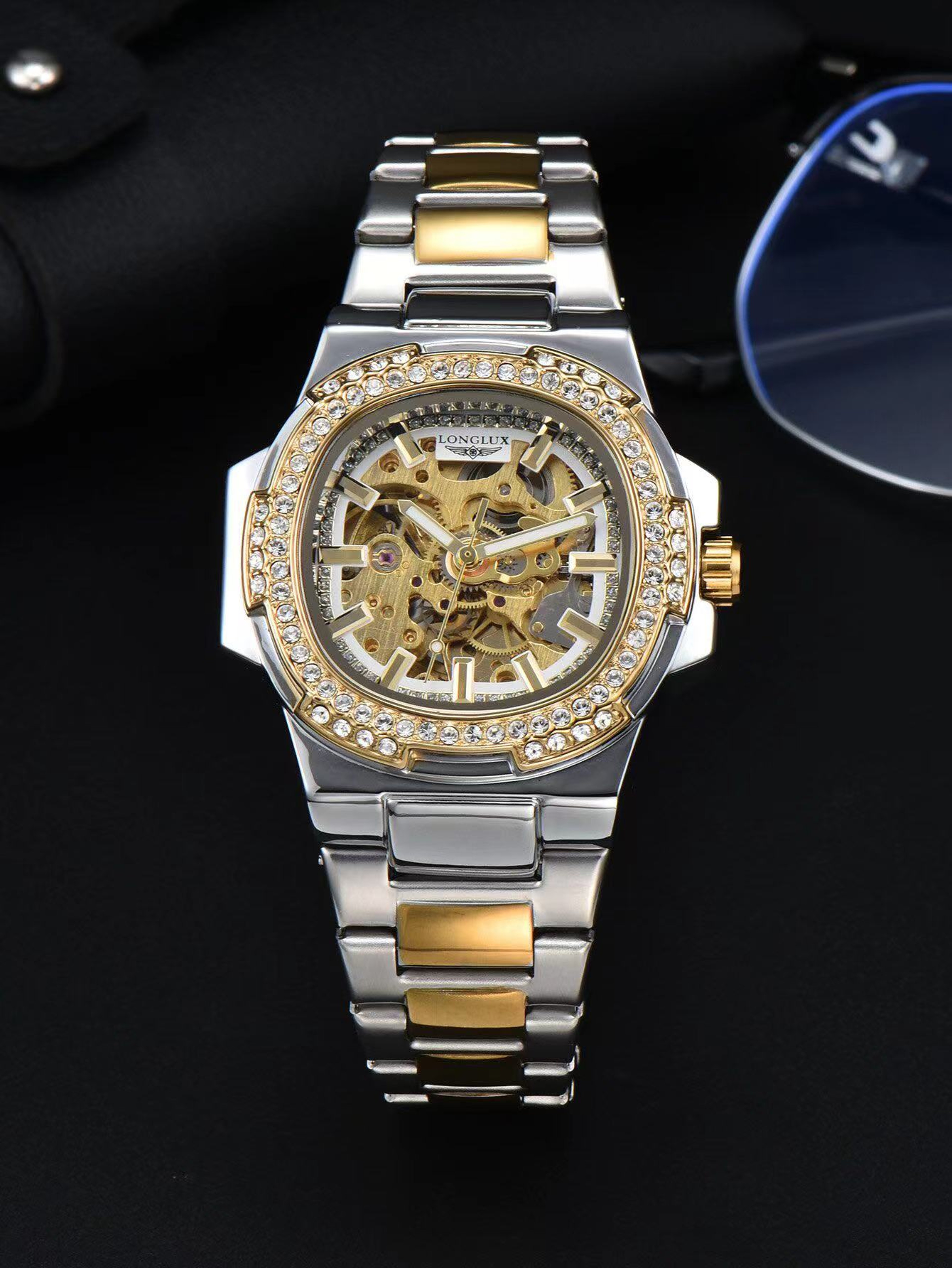 Automatic Man Watch Luxury Stainless Steel Mechanical Skeleton Waterproof Diamond Watch 6