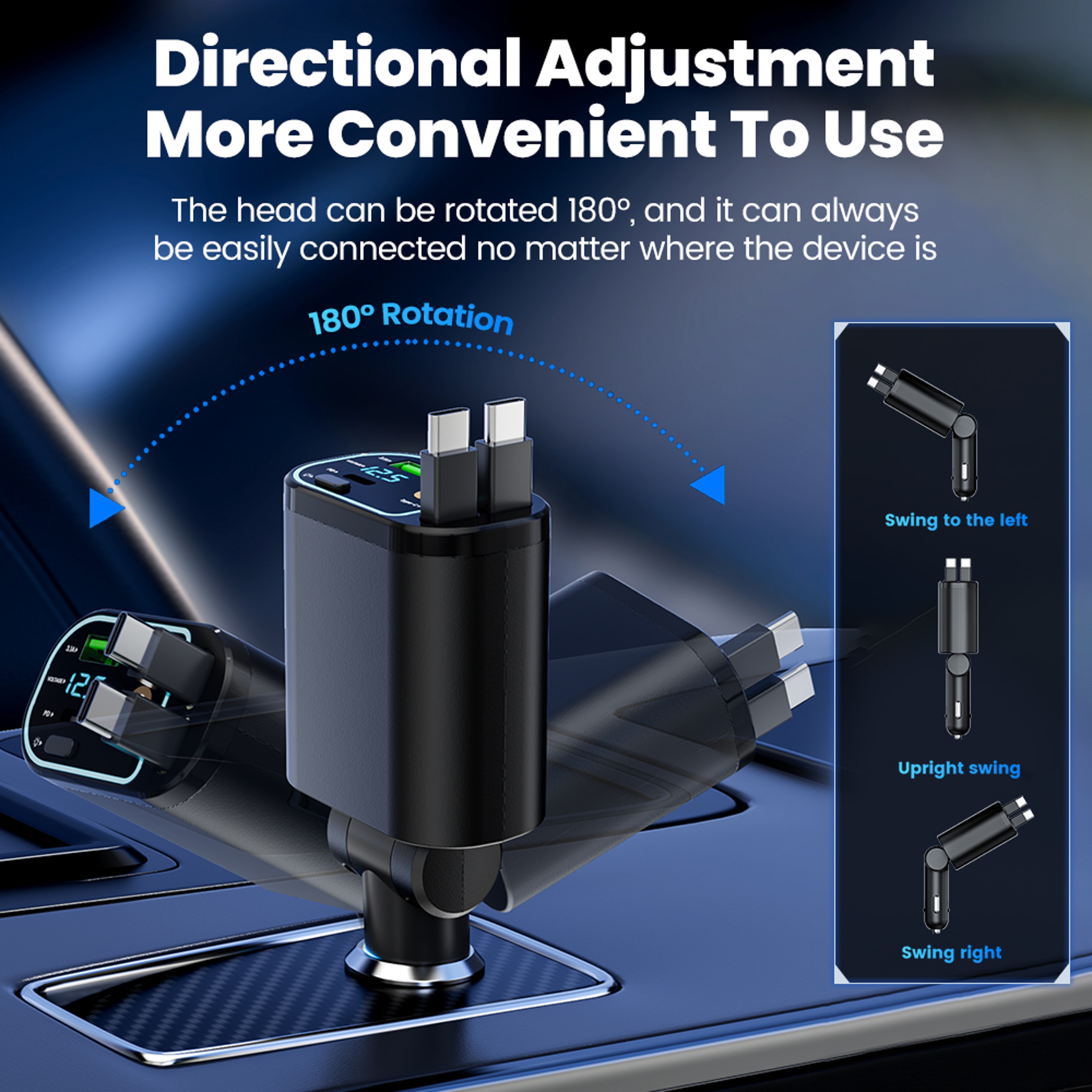 Samsung Fast Charging USB Type C Car Phone Charger, Car Charger With 2 Retractable Cable For iPhone With Star Lights – view 4