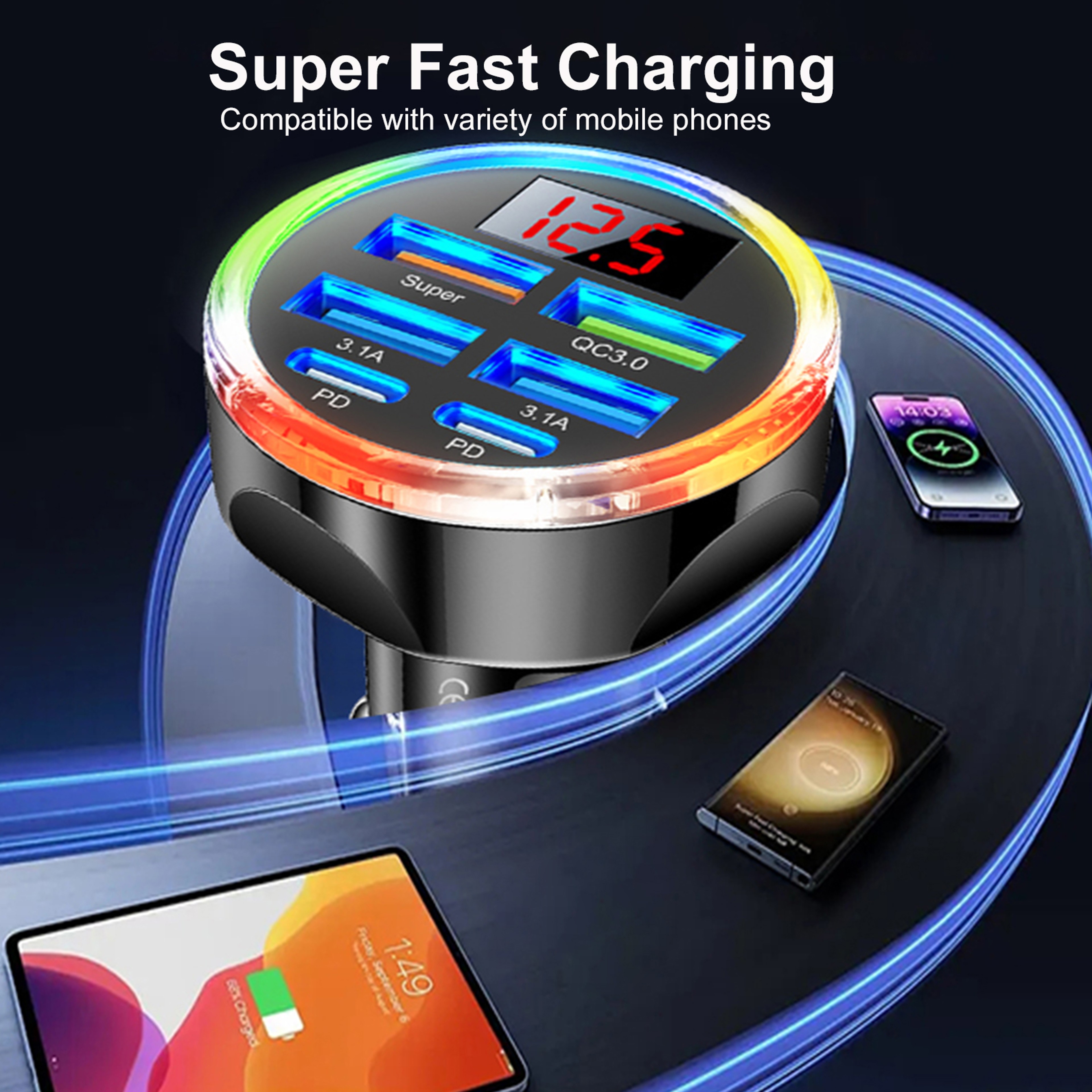 Dual PD USB C Car Charger Adapter 6 In 1 Voltage Display With Colorful Light Super Fast QC PPS Char 1