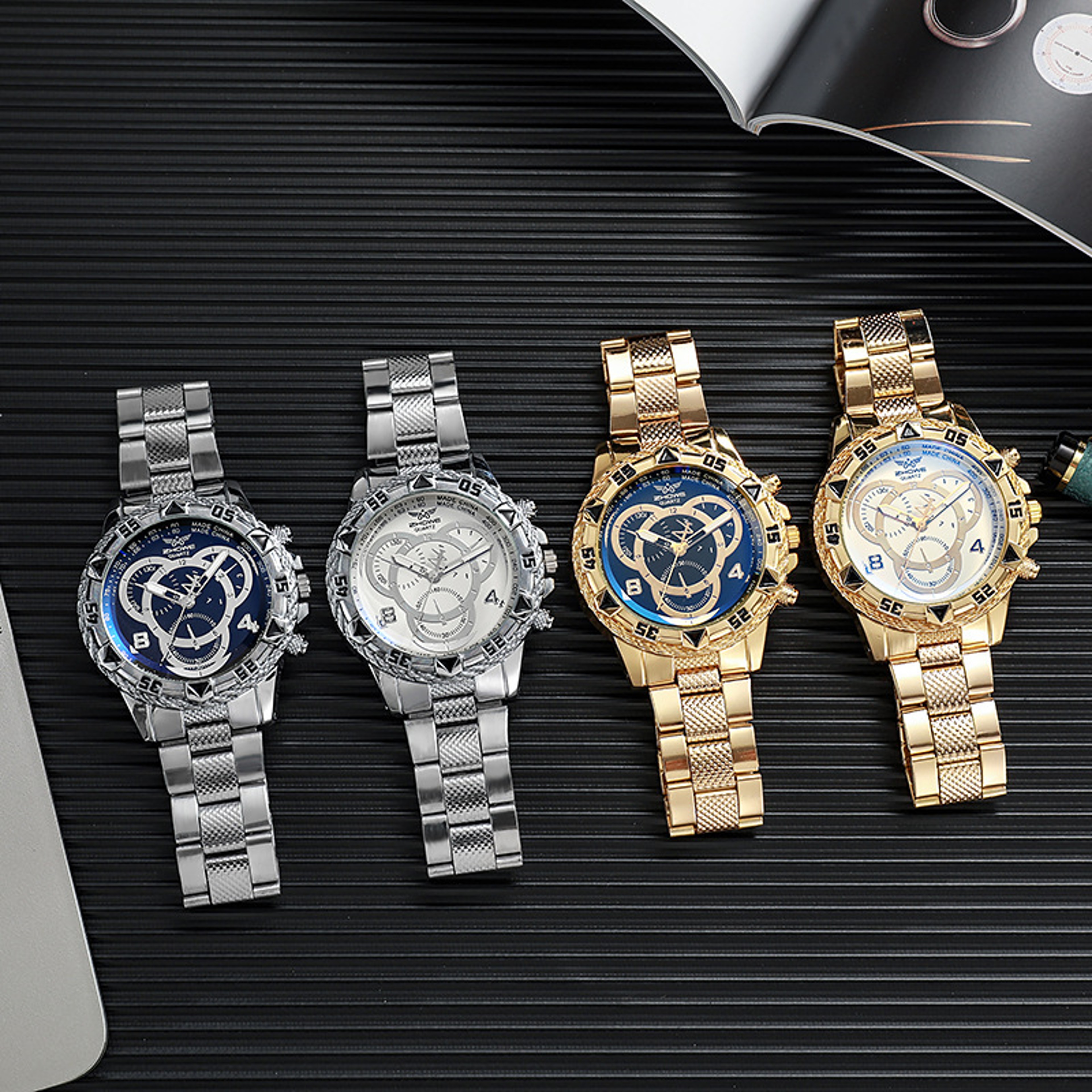 Classic Business Men Wristwatch Luxury Mens Quartz Watch Large Dial Alloy Steel Strip Three Eye Blu 5
