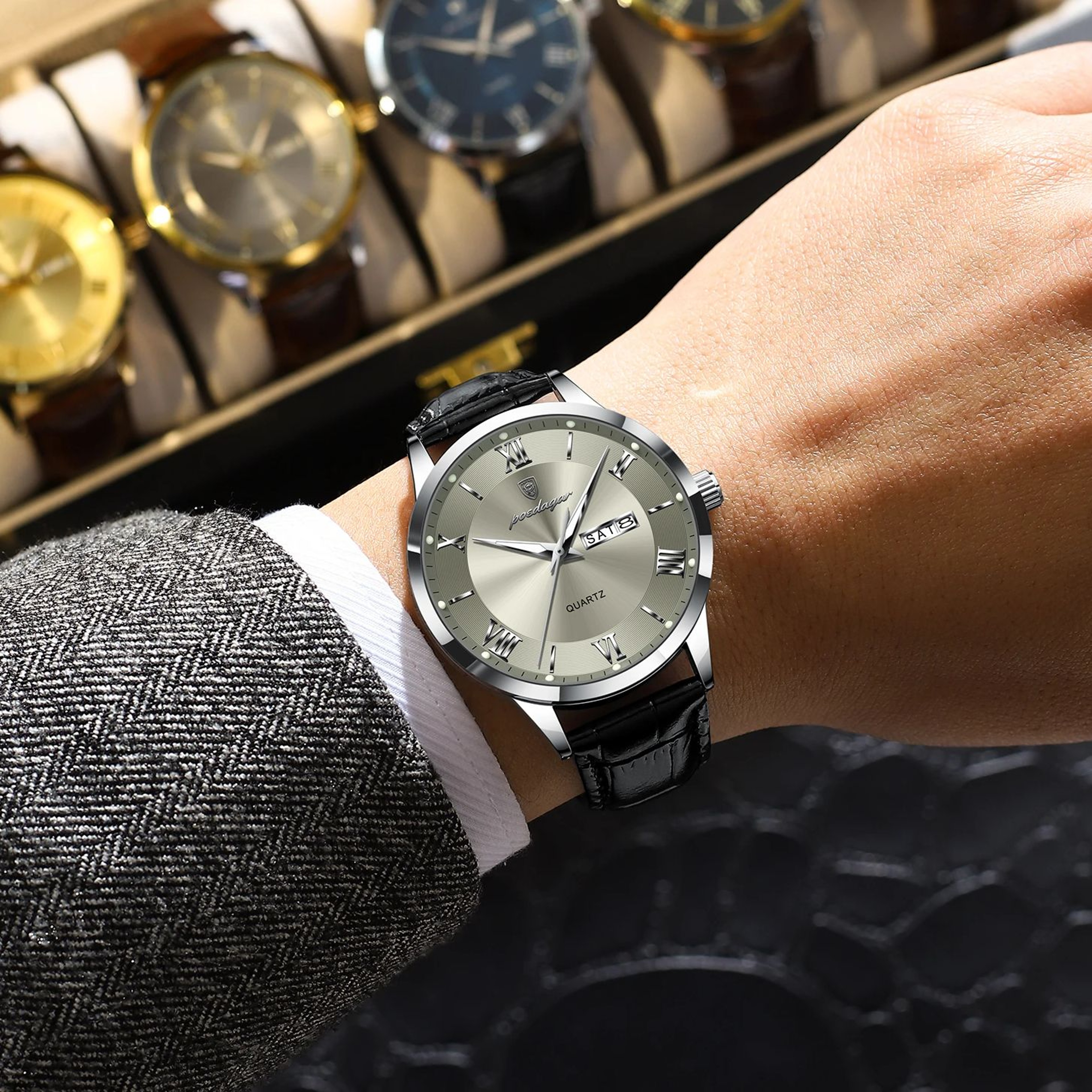 Luxury Business Wristwatch For Men Date Week Leather Quartz Male Watch Waterproof Luminous Fashion