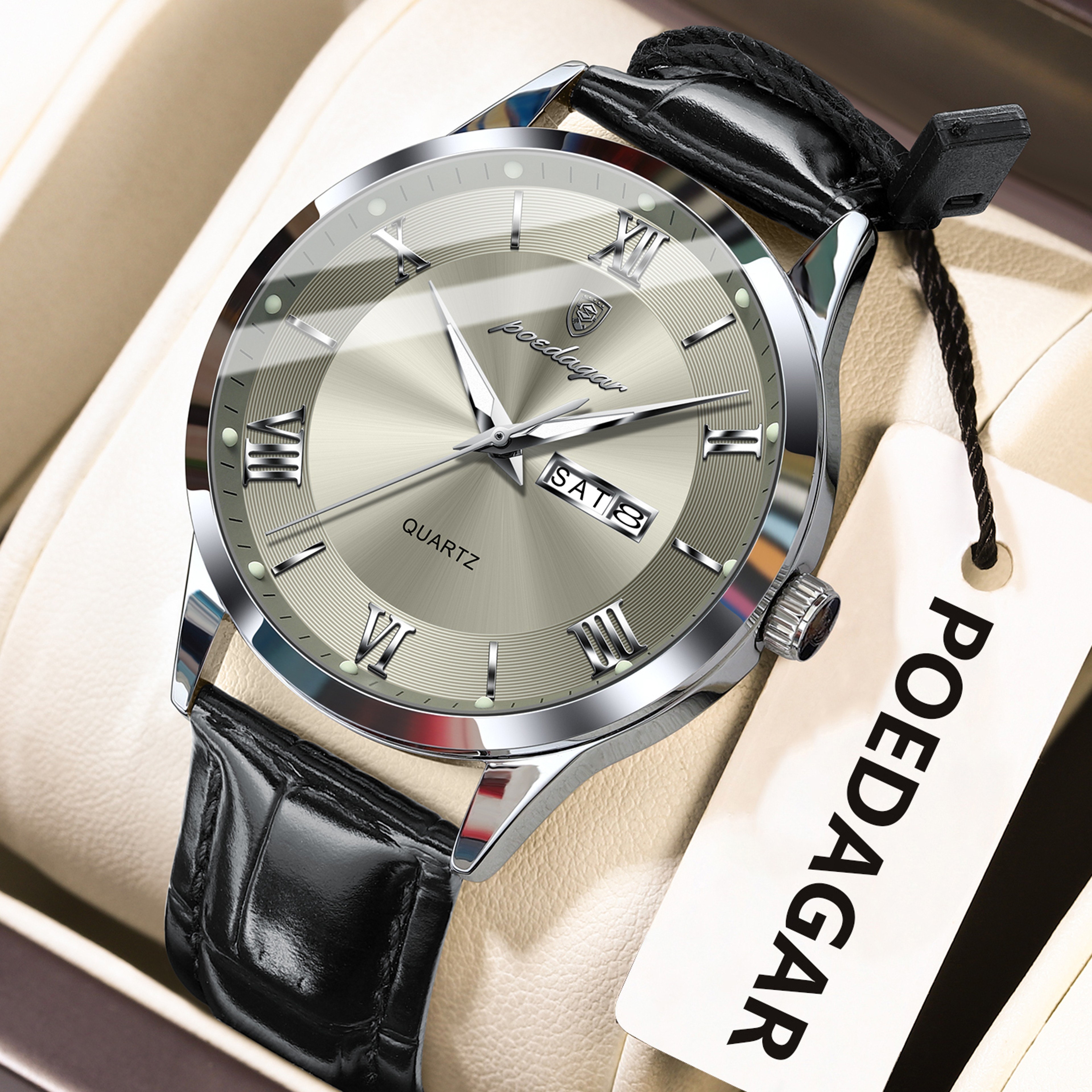 Luxury Business Wristwatch For Men Date Week Leather Quartz Male Watch Waterproof Luminous Fashion