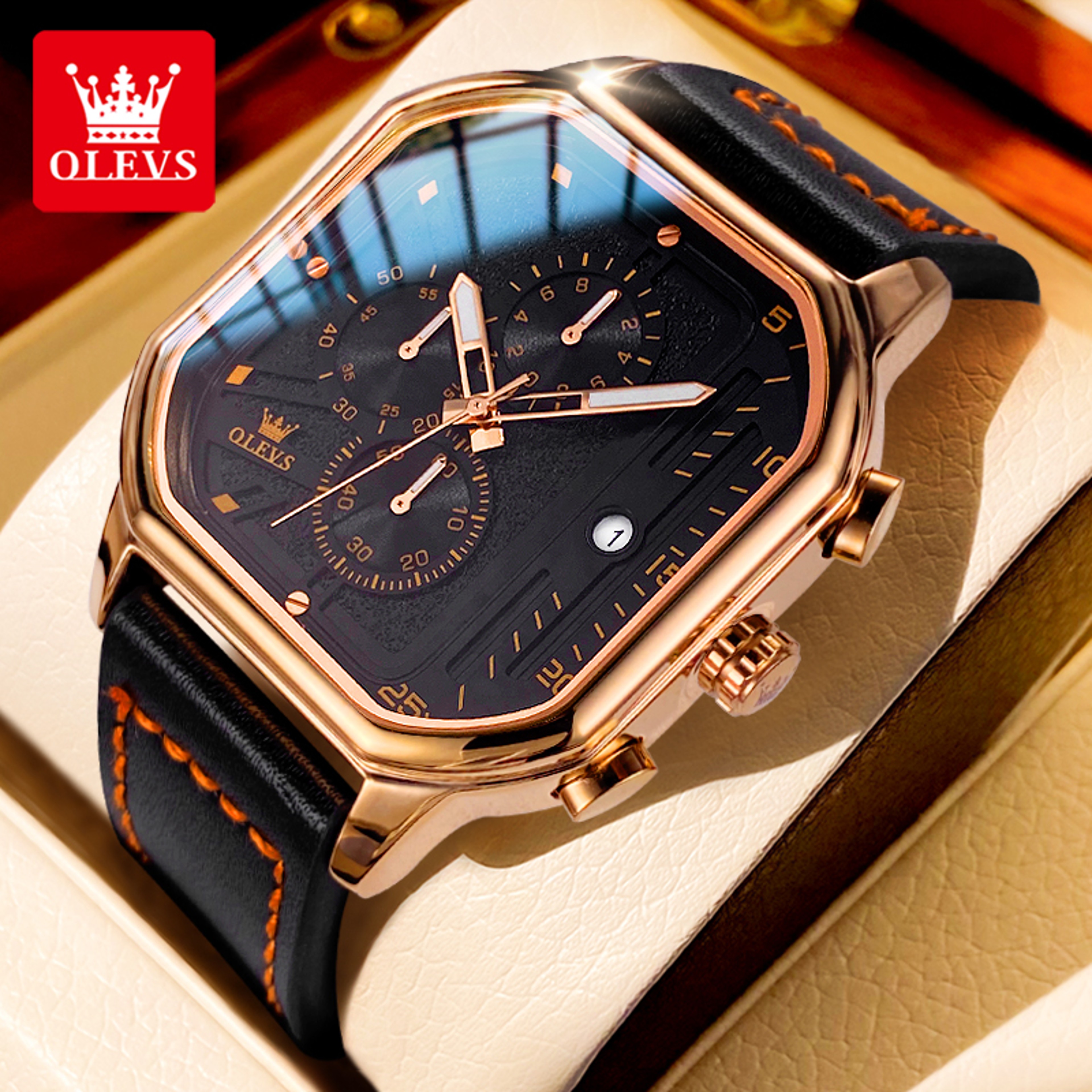 Square Waterproof Chronograph Quartz Watch Trend Brand Original Mens Watches Luminous Leather Strap 6