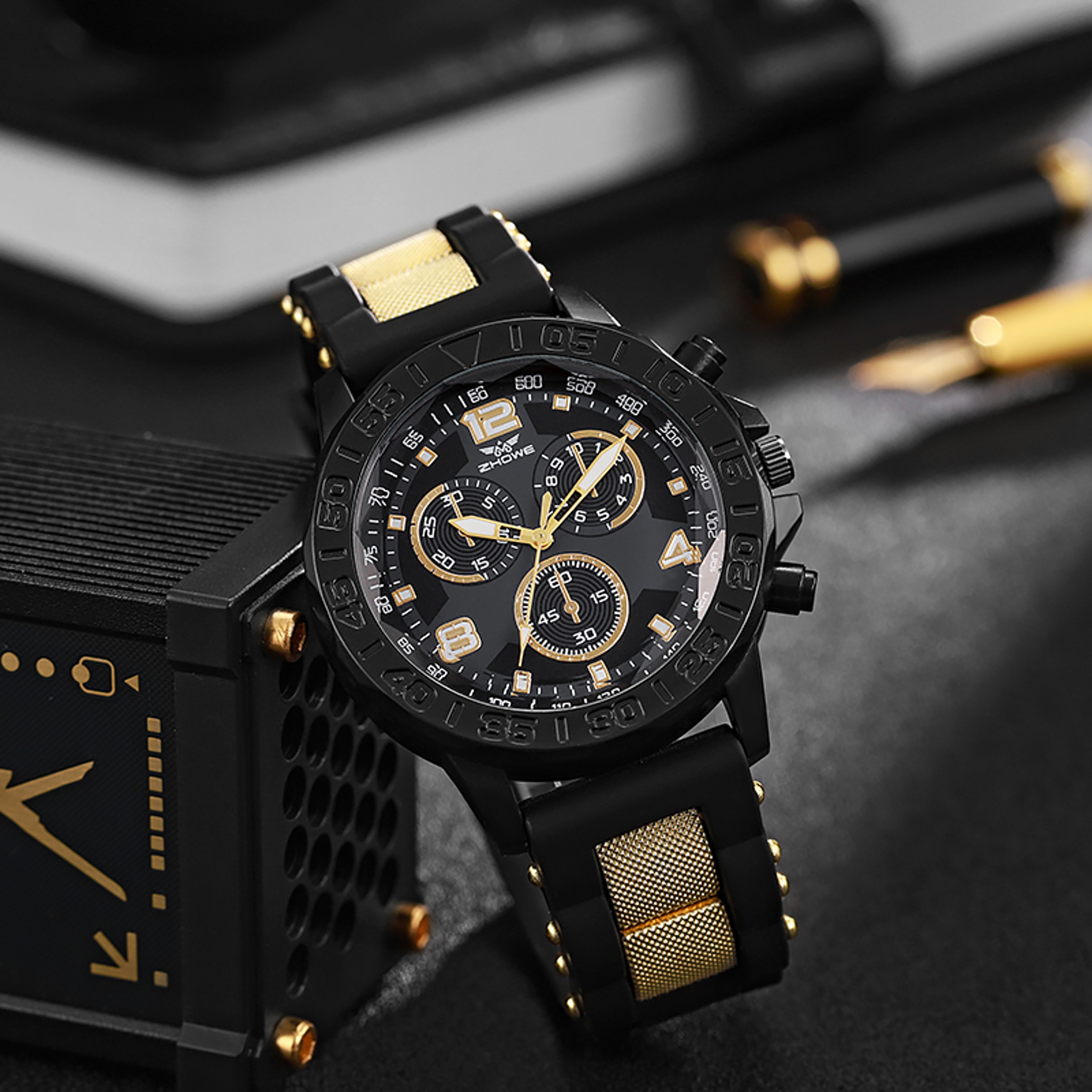 Light luxury refined fake three eye, mixed bar scale dial silicone quartz watch, elegant wristwear – view 4