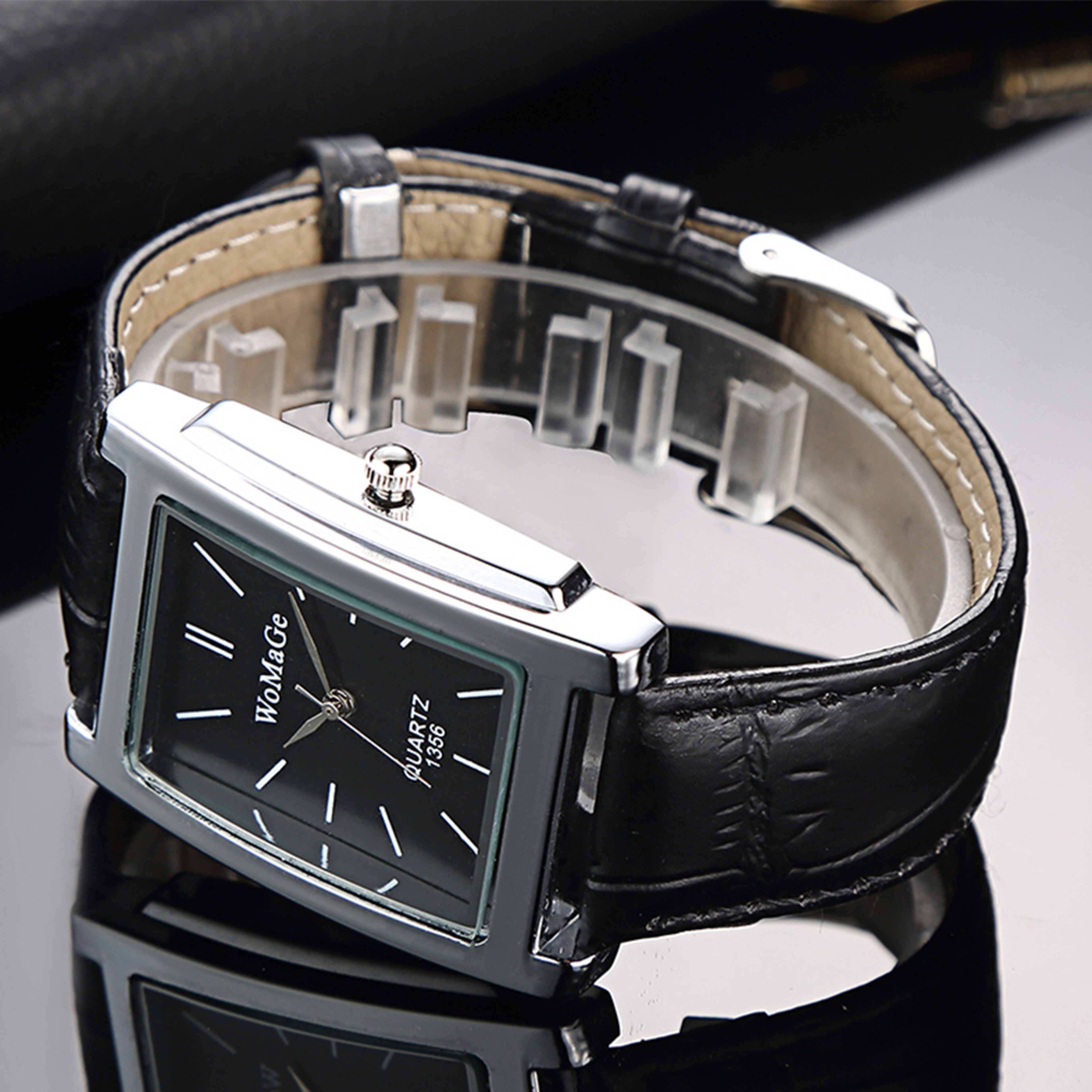 Luxury Quartz Clock Men Square Watch Black White Case Leather Band For Women And Men 4