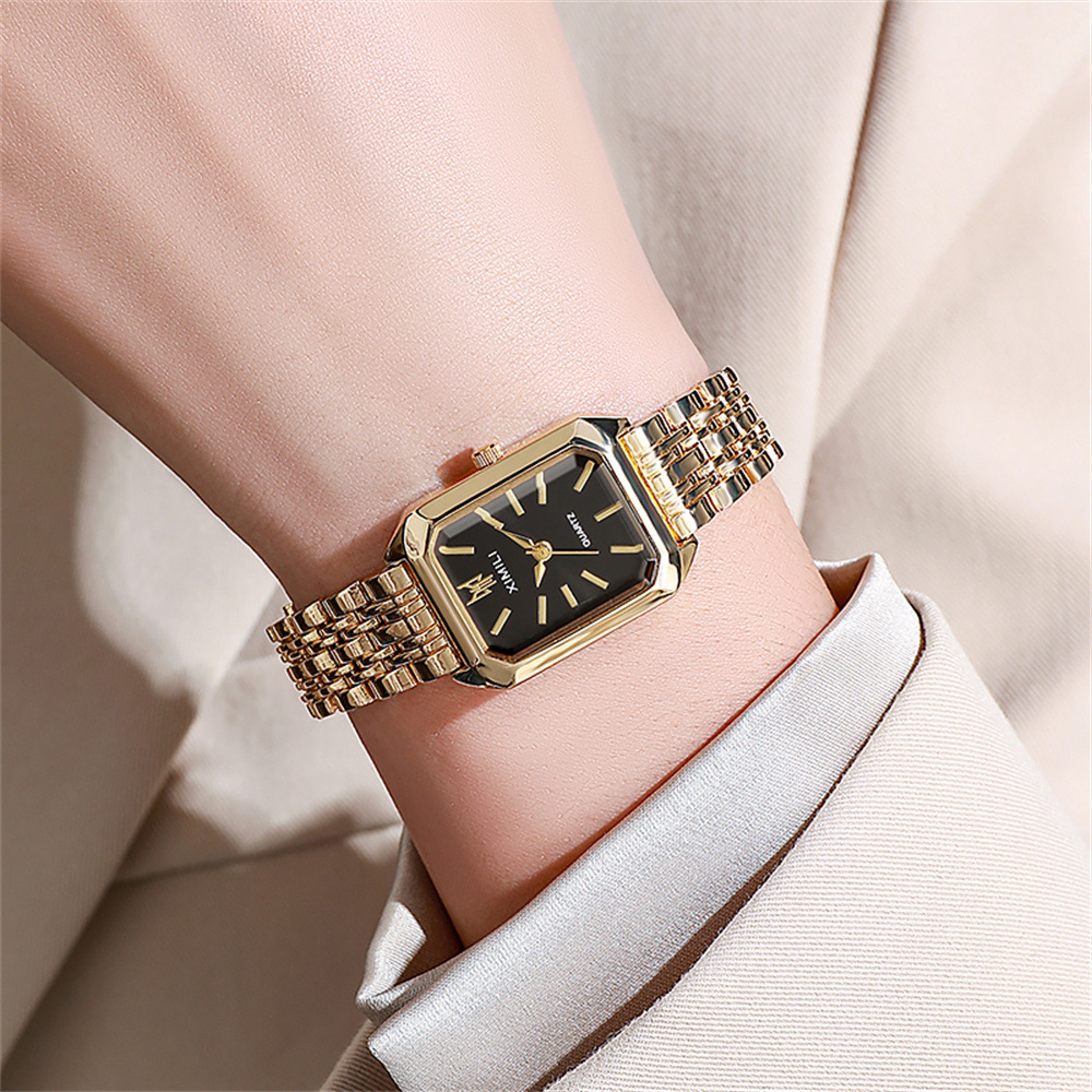 Luxury Ladies Quartz Wristwatches, Women's Fashion Square Watches, Gold Alloy Strap Female Roman Scale Clock – view 4