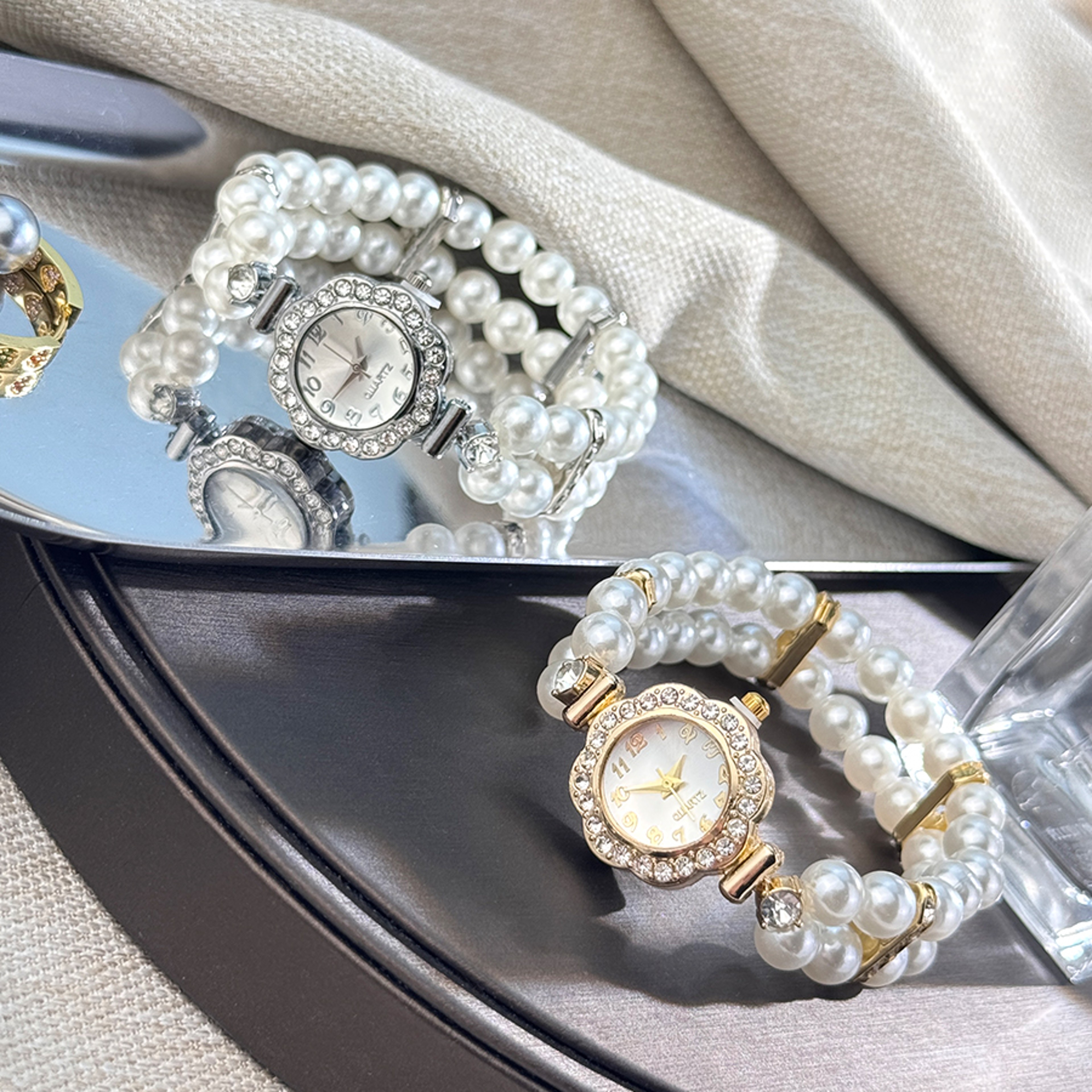 Elegant Pearl Diamond-Encrusted Watch, Vintage Luxury Bracelet Style for Ladies, Convenient Quartz Wristwatch – view 3