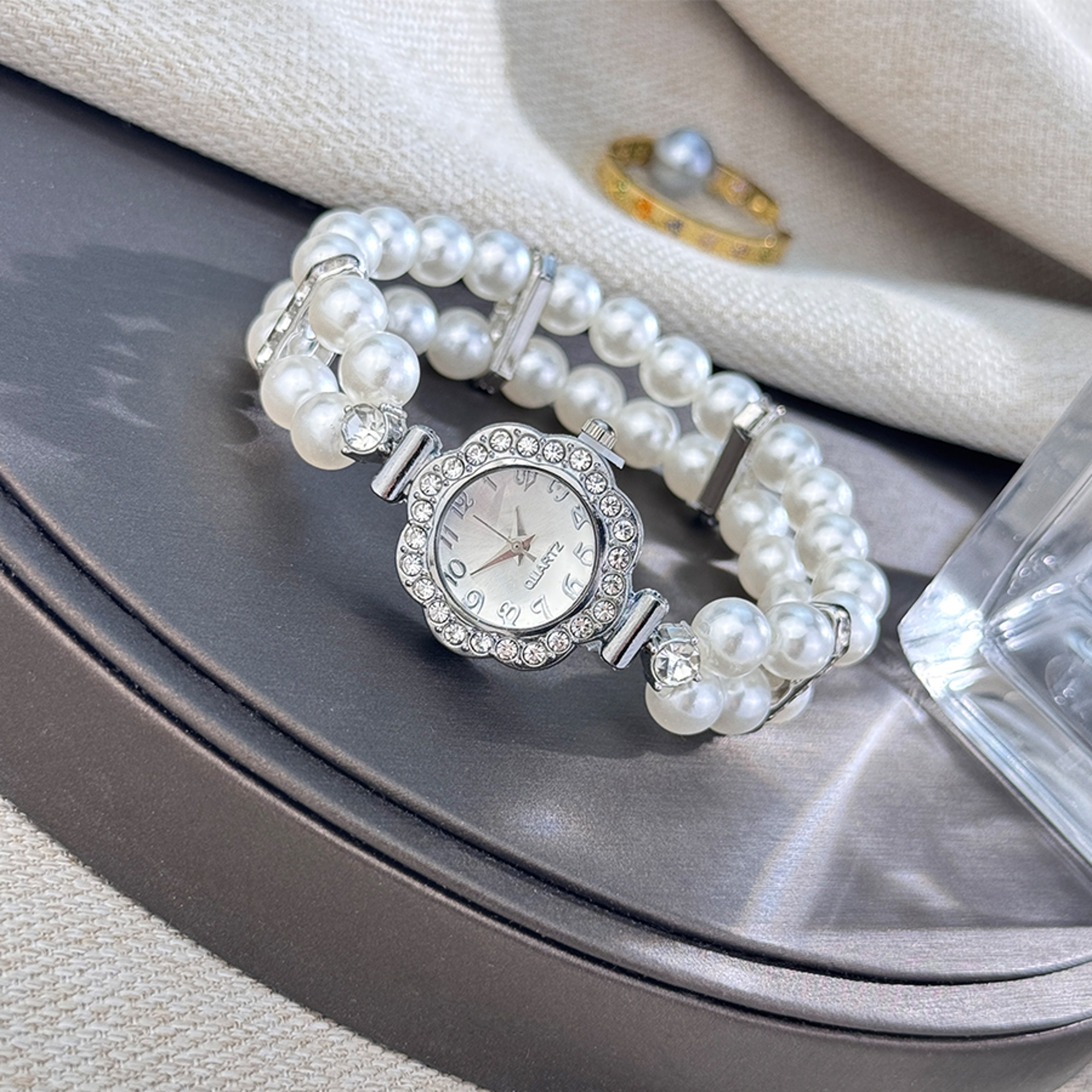 Elegant Pearl Diamond-Encrusted Watch, Vintage Luxury Bracelet Style for Ladies, Convenient Quartz Wristwatch – view 7
