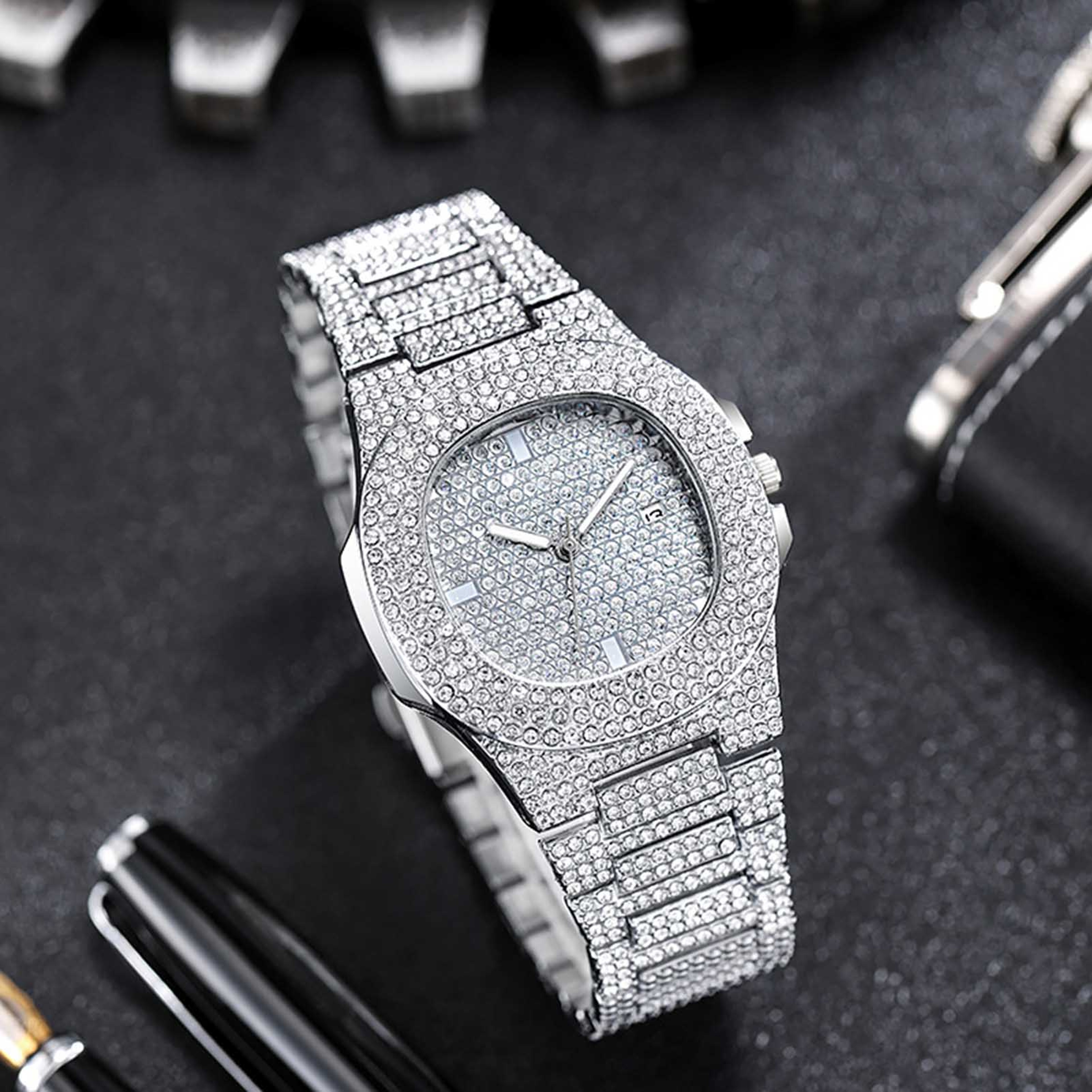 Luxurious Hiphop Full Diamond Square Quartz Watch Rhinestone Studded Dial For Men And Women 0