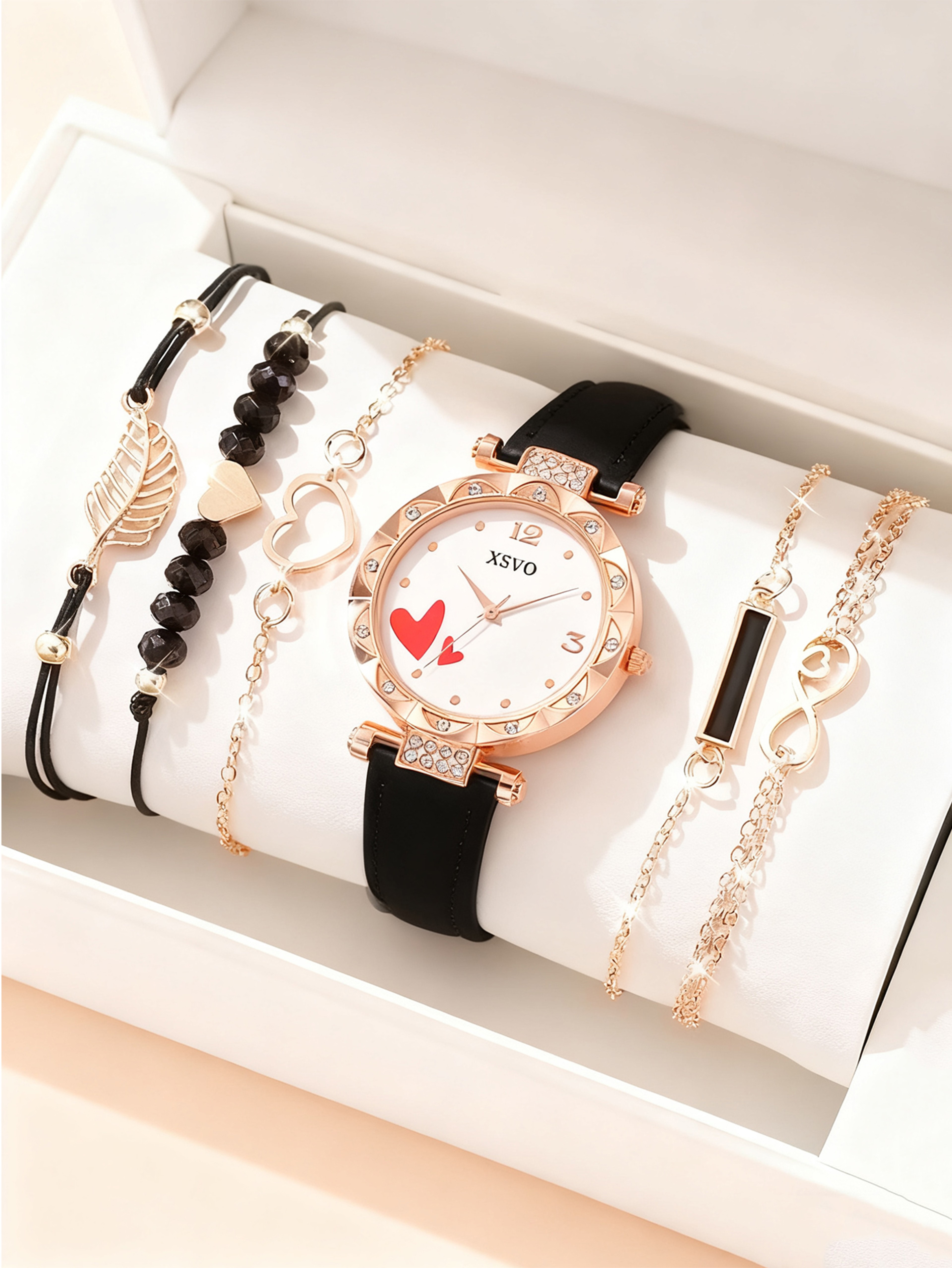 Rose Gold White Watch Set Love Diamond Women Watch Light Luxury Fashion Bracelet Holiday Gift 0