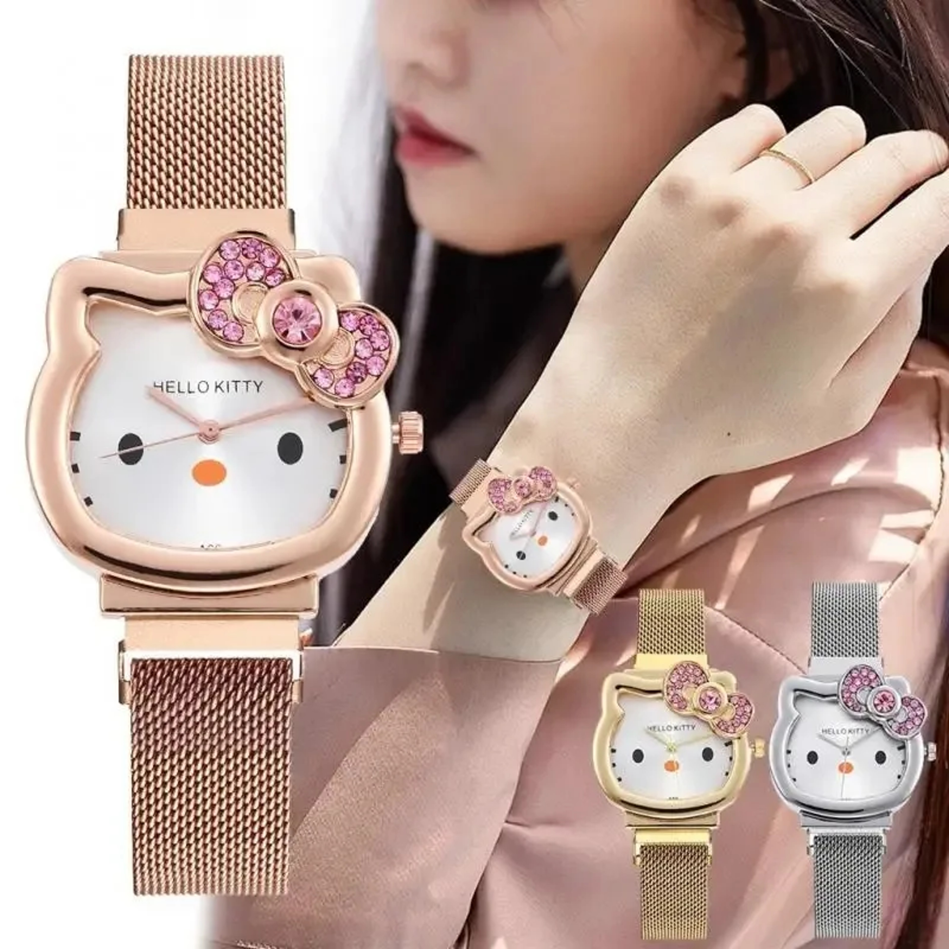Sanrio Anime Quartz Watch Hello Kitty Bow Diamond Design Cute Cartoon Magnet Watches For Girls Birt 0