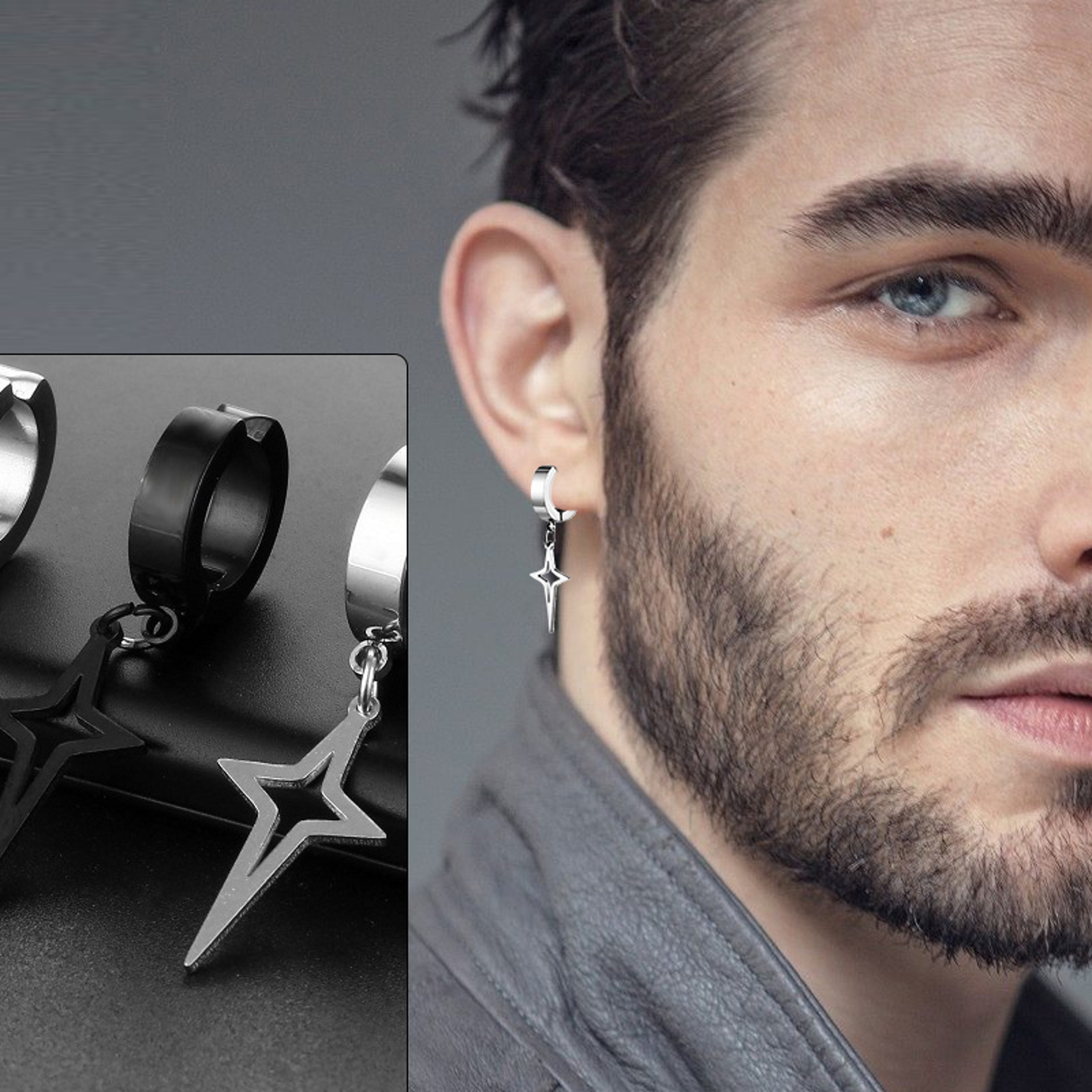 Stainless Steel Fake Non Piercing Earrings For Men Women With Punk Star Pendant Hoop Jewelry 3